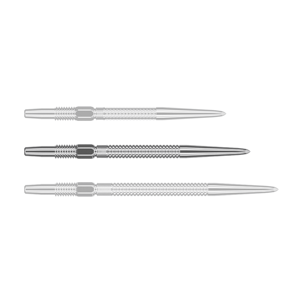 Target Swiss Point GRD Zilveren dartpunten Das Bild zeigt drei silberne Dartspitzen des Produkts „Target Swiss Point GRD Silver Dartspitzen“. Die Spitzen sind nebeneinander angeordnet und haben eine feine Riffelung.