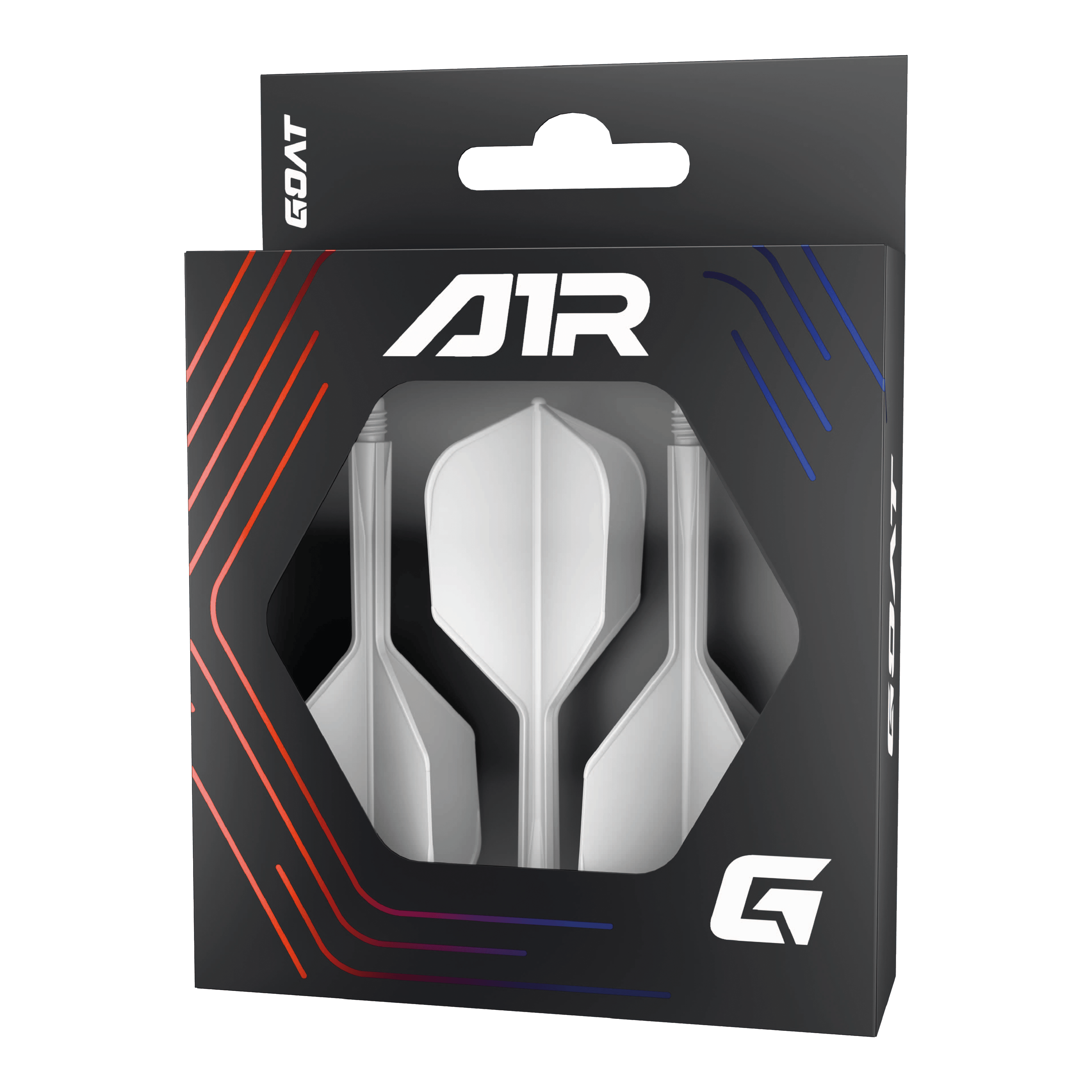 GOAT A1R No6 Flight Shaft-systeem - Wit Die Abbildung zeigt das Produkt „GOAT A1R No6 Flight-Shaft-System - Weiß“ in einer schwarzen Verpackung mit Sichtfenster. In der Verpackung sind drei weiße Dart-Flights mit Schäften zu sehen.