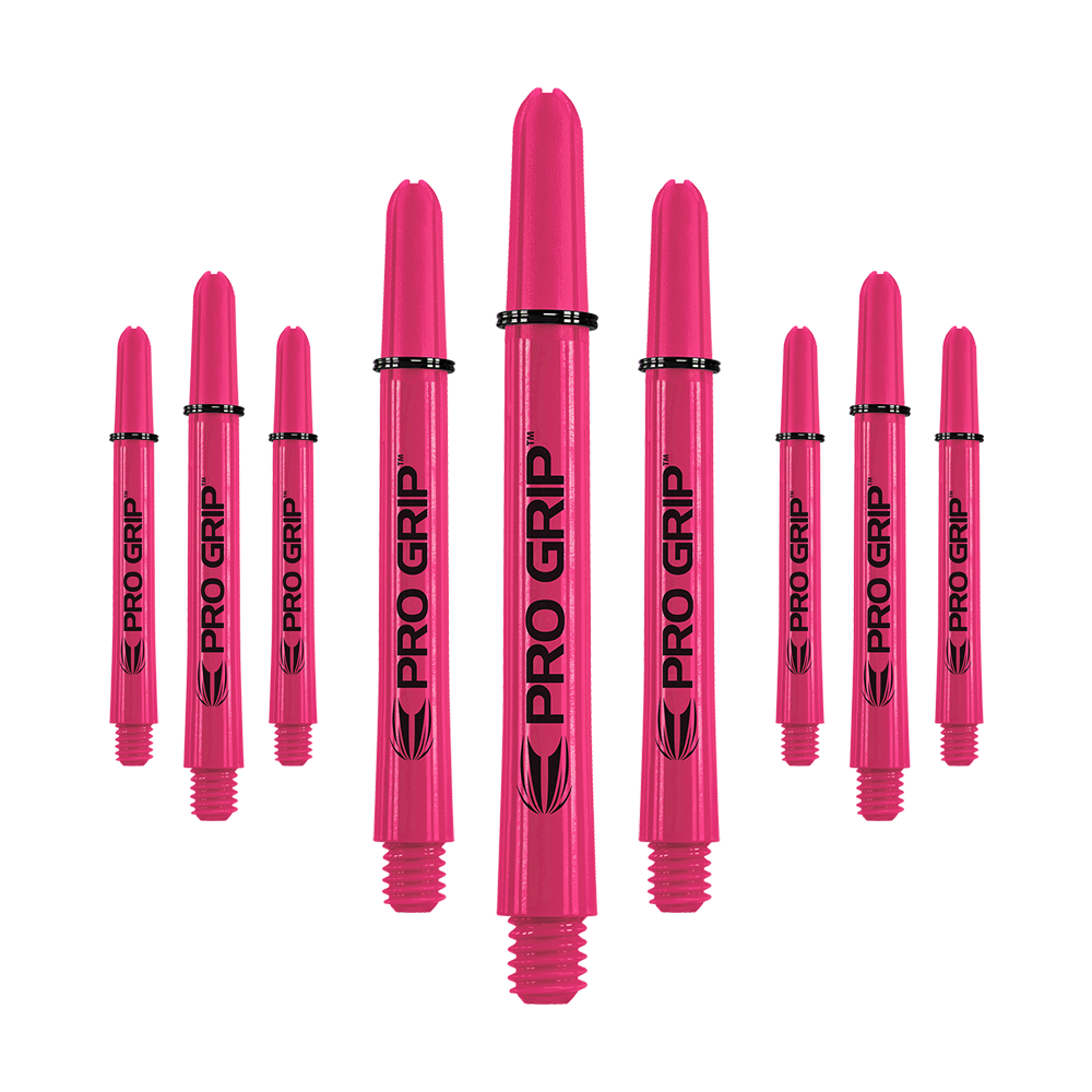 Target Pro Grip Shafts - 3 sets - Roze Auf dem Bild sind neun pinke Pro Grip Shafts zu sehen, die für Dartpfeile verwendet werden. Sie sind gleichmäßig angeordnet und tragen den Schriftzug "PRO GRIP" in schwarzer Farbe.