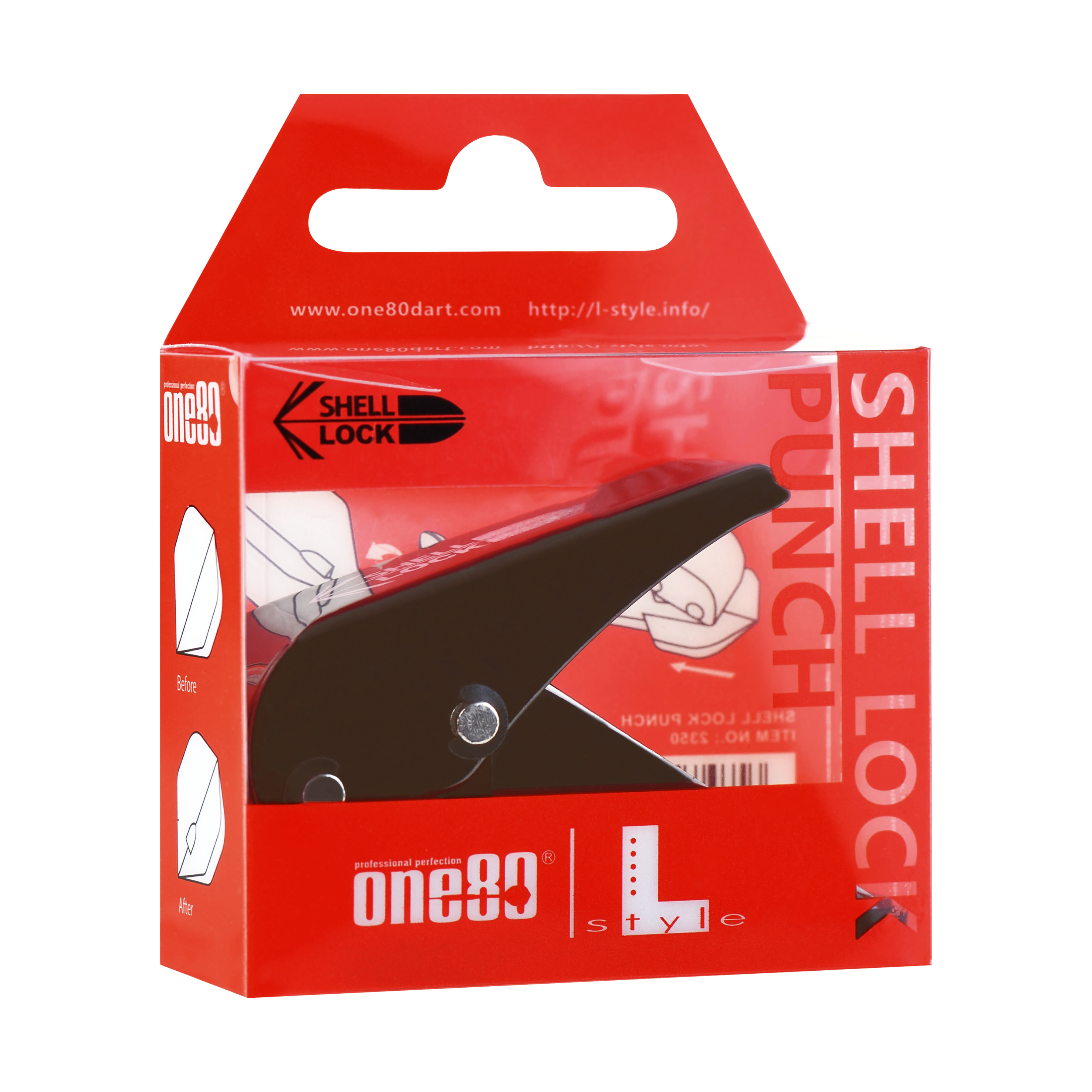 L-Style One80 Shell Lock Punch Vluchtpons Das Bild zeigt die Verpackung des Produkts "L-Style One80 Shell Lock Punch Flightlocher". In der Packung befindet sich ein schwarzer Lochstanzer für Dart-Flights.