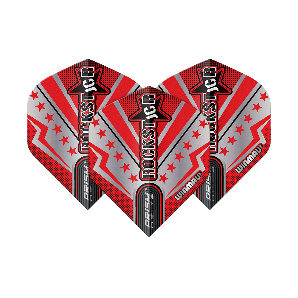 Winmau Prism Delta Joe Cullen Rockstar Series No2 Standaardvluchten Das Bild zeigt drei Dart-Flights der Serie "Winmau Prism Delta Joe Cullen Rockstar No2". Die Flights sind in rot, silber und schwarz gestaltet und tragen die Aufschrift "ROCKSTAR".