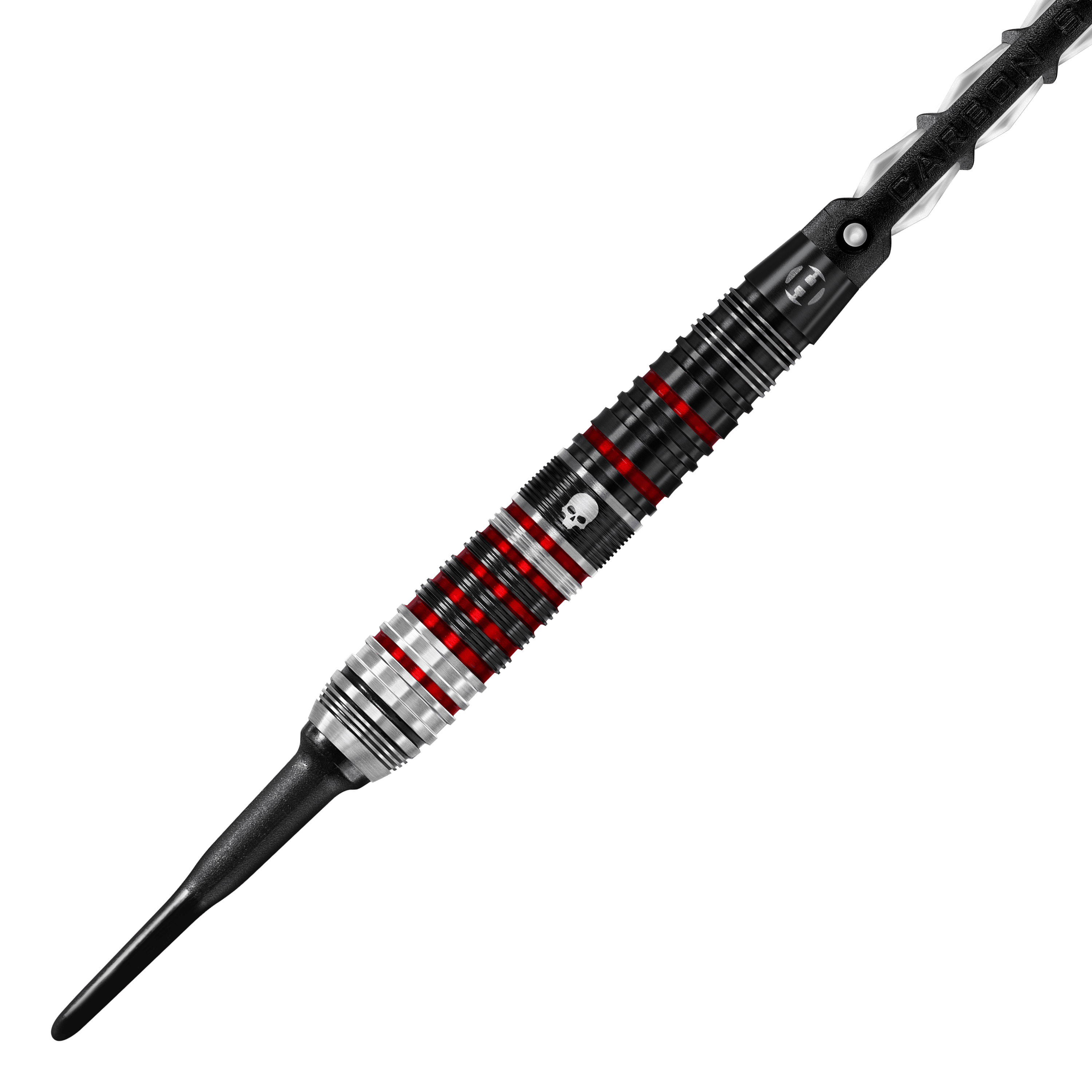 Harrows Ryan Searle Heavy Metal Series 2 Softdarts Das Bild zeigt einen Harrows Ryan Searle Heavy Metal Series 2 Softdart. Der Dartpfeil ist schwarz, silber und rot mit einem Totenkopf-Design auf dem Griff.
