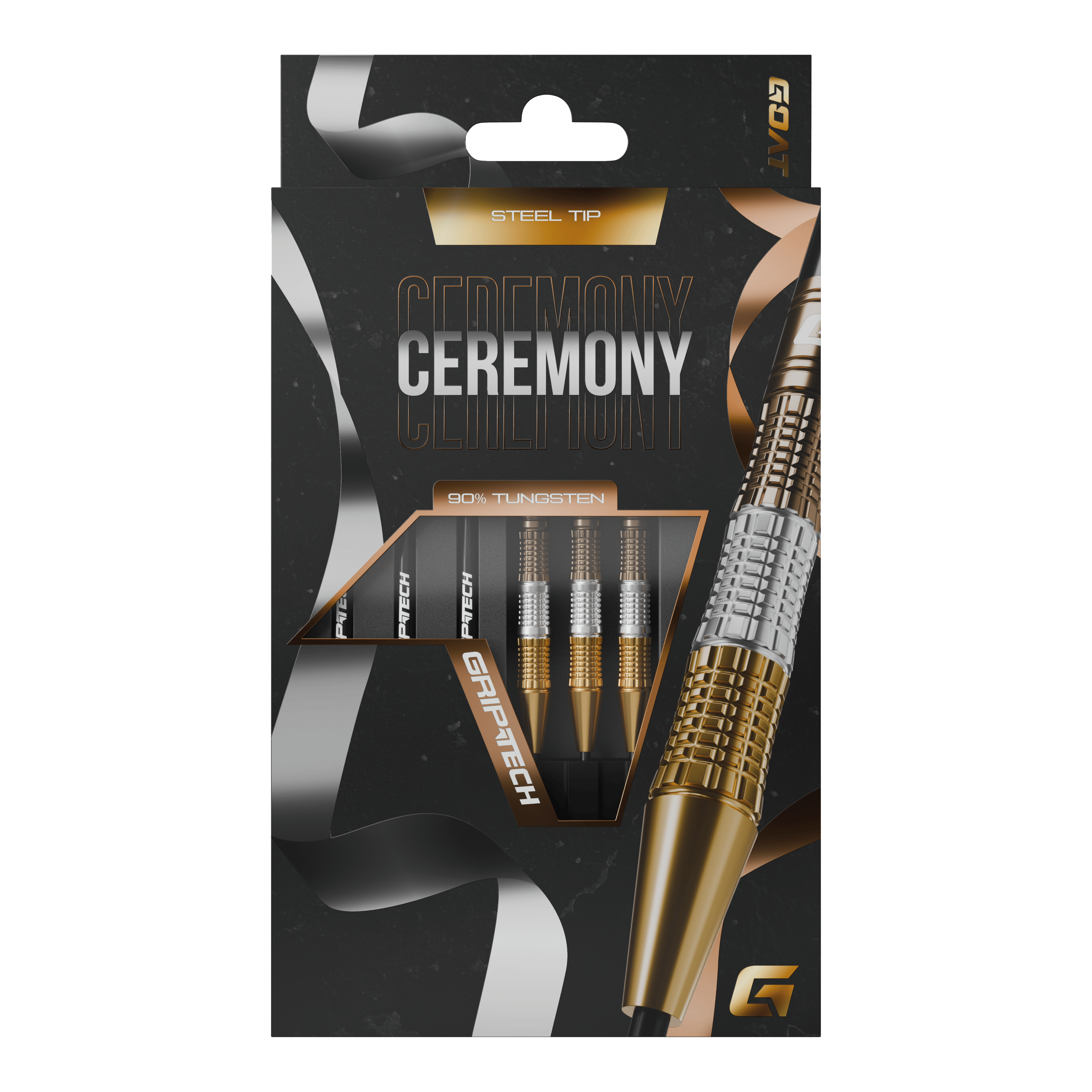GOAT Ceremony Tungsten Steel Darts Die Abbildung zeigt eine Packung „GOAT Ceremony Tungsten Steeldarts“. Die Verpackung hebt die Eigenschaften wie 90% Tungsten und Grip-Tech besonders hervor.
