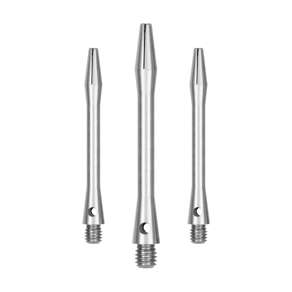 519_Aluminium_Shafts_Silber_46mm_1C5qgvX6TEysXX Das Bild zeigt drei silberne Aluminiumschäfte. Sie sind gerade und haben am unteren Ende ein Gewinde.