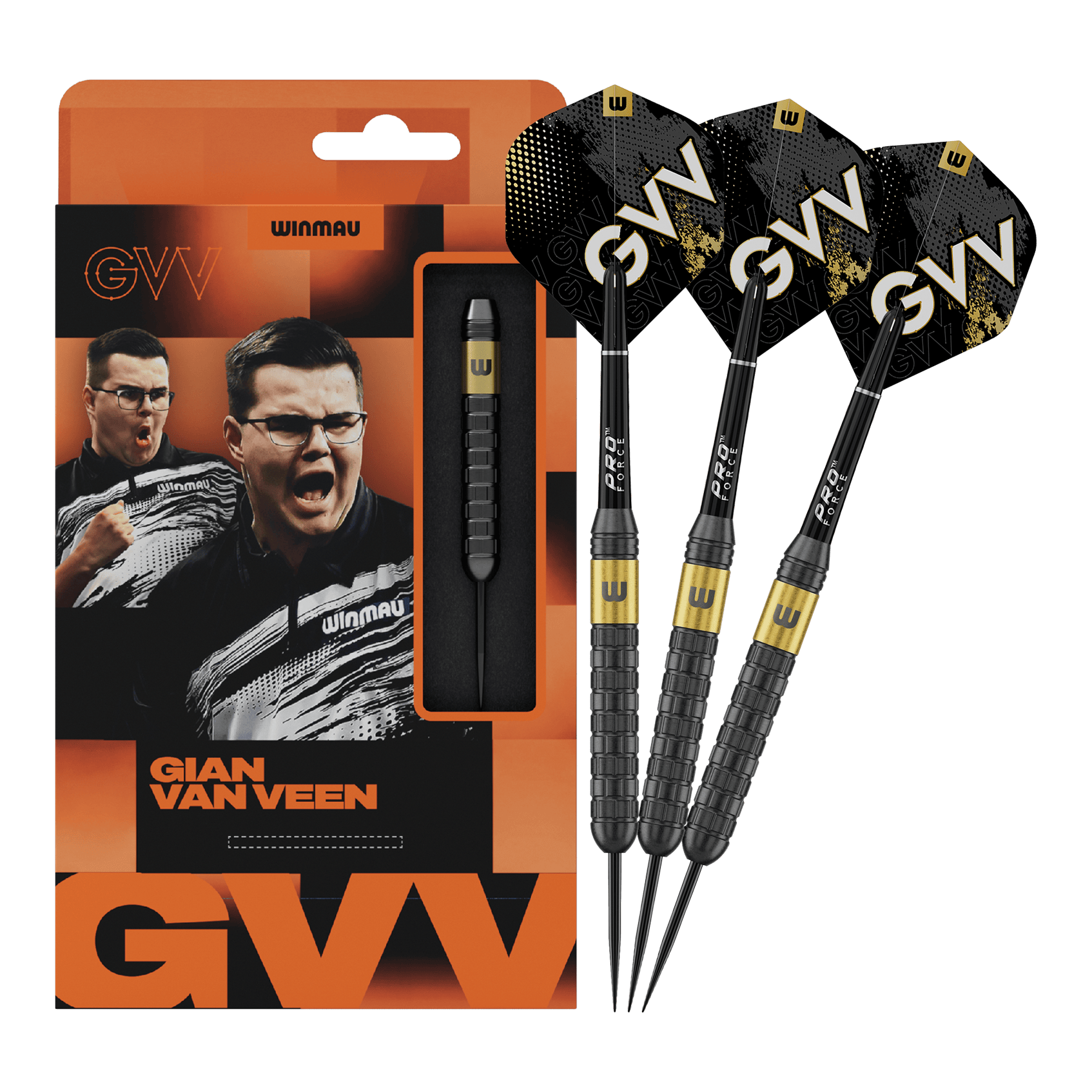 Winmau Gian Van Veen Core Messing Steeldarts - 21g Auf diesem Bild sieht man Winmau Gian Van Veen Core Brass Steeldarts mit 21 Gramm. Die Dartpfeile liegen nebeneinander und sind gut erkennbar.