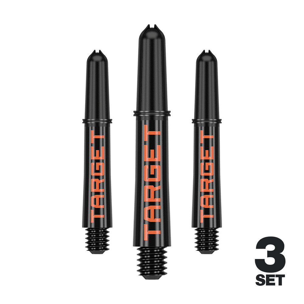 Auf dem Bild sind drei schwarze Dartschäfte mit orangener "TARGET"-Aufschrift zu sehen. Unten rechts steht "3 SET", was darauf hinweist, dass es sich um ein Set aus drei Stück handelt.
