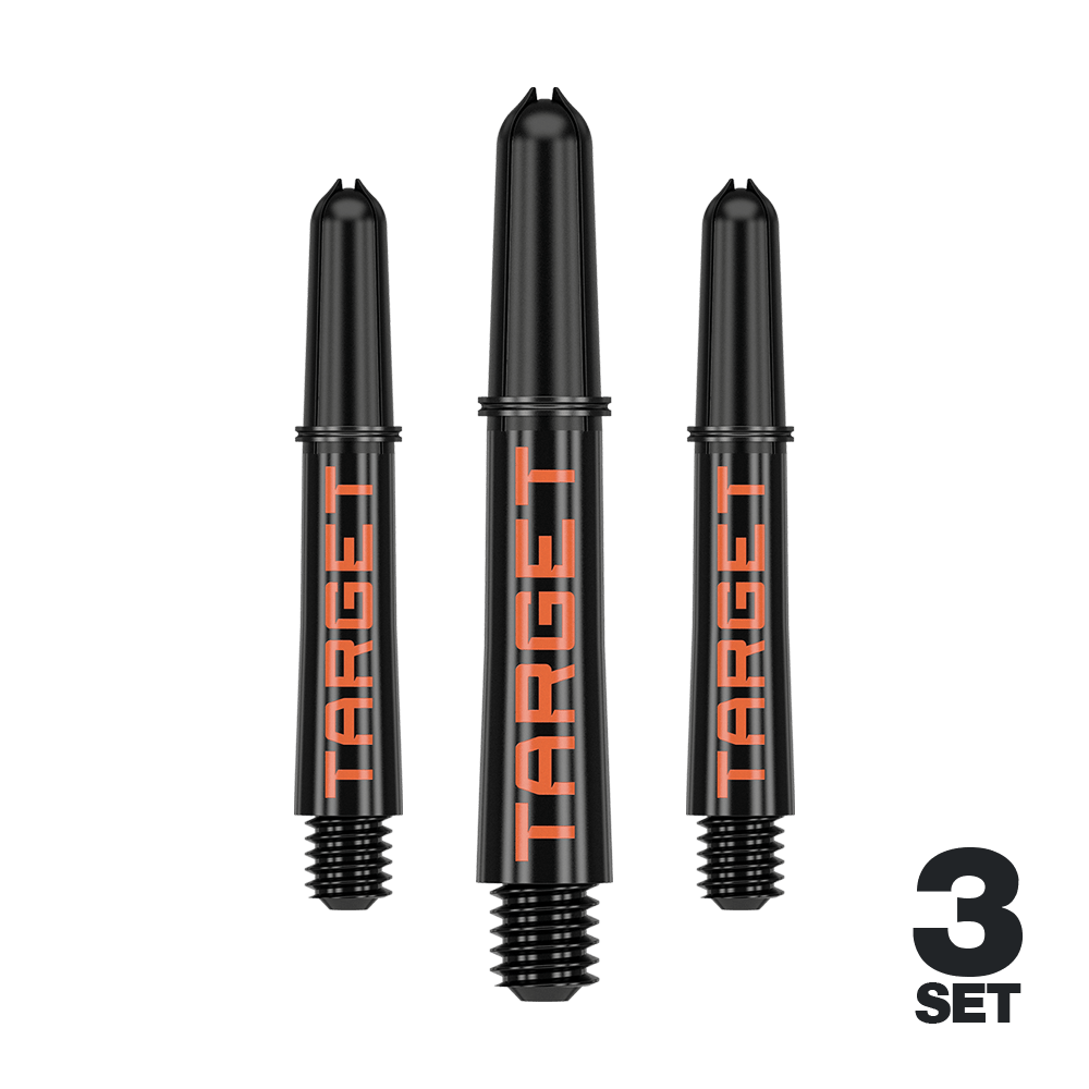 Target Pro Grip TAG Shafts - 3 sets - Zwart Oranje Auf dem Bild sind drei schwarze Dartschäfte mit orangener "TARGET"-Aufschrift zu sehen. Unten rechts steht "3 SET", was darauf hinweist, dass es sich um ein Set aus drei Stück handelt.
