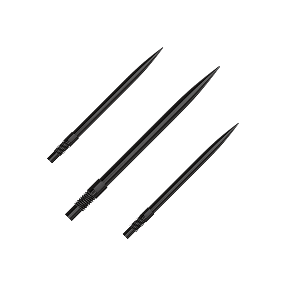 Harrows Quick Point dartpunten - Zwart Ein Set von schwarzen Dartspitzen ist abgebildet. Die Spitzen sind 35 mm lang und auf einem weißen Hintergrund präsentiert.