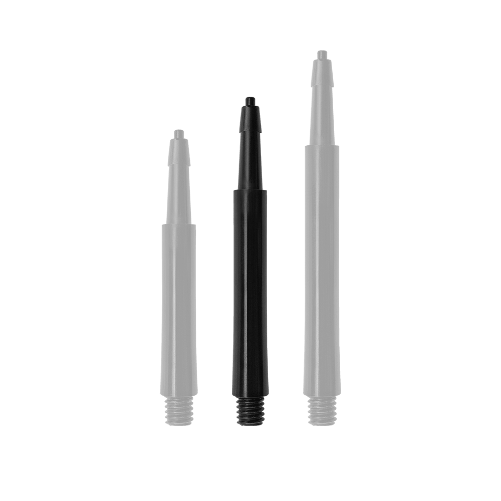 Das Bild zeigt drei schwarze Harrows Clic Standard Shafts in verschiedenen Längen. Die Shafts sind für Dartpfeile geeignet.
