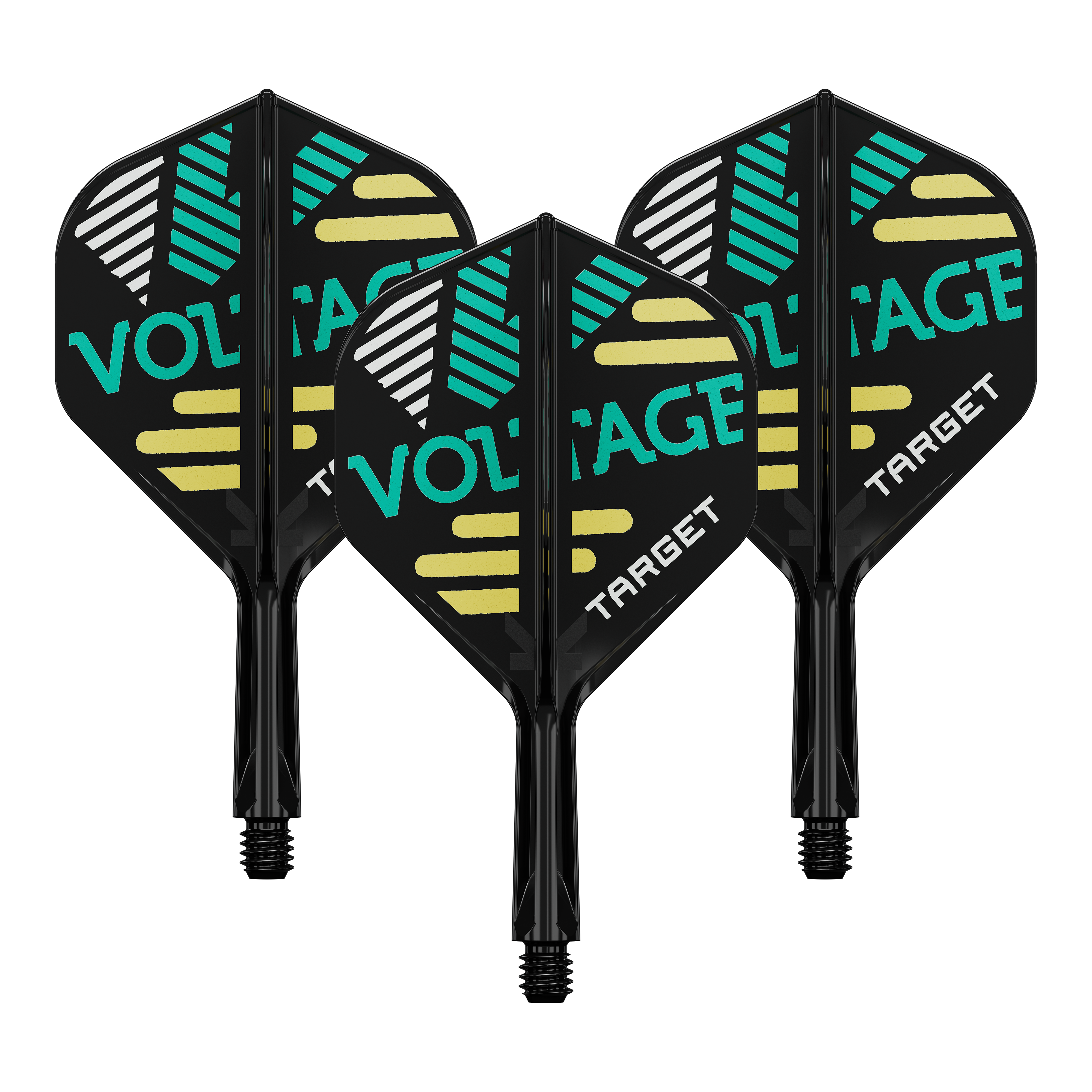 Auf dem Bild sind drei schwarze Dartflights mit Schäften zu sehen. Auf den Flights steht "VOLTAGE" und "TARGET" in grüner und weißer Schrift mit gelben und weißen Streifen.