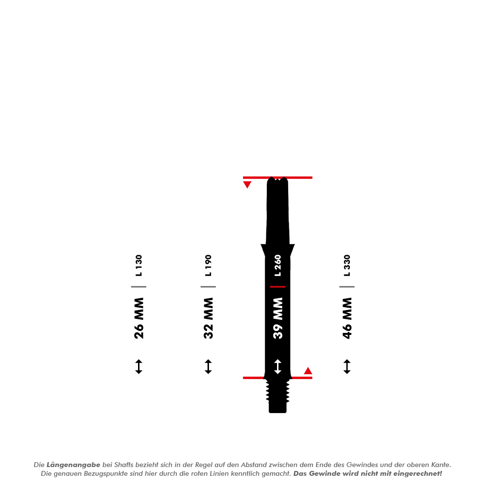 L-L-Style-Shafts Silent Straight - Wit Das Bild zeigt verschiedene Längen von geraden Dartshafts, die in Millimetern angegeben sind. Die L-Shaft mit einer Länge von 39 mm ist in der Mitte hervorgehoben dargestellt.