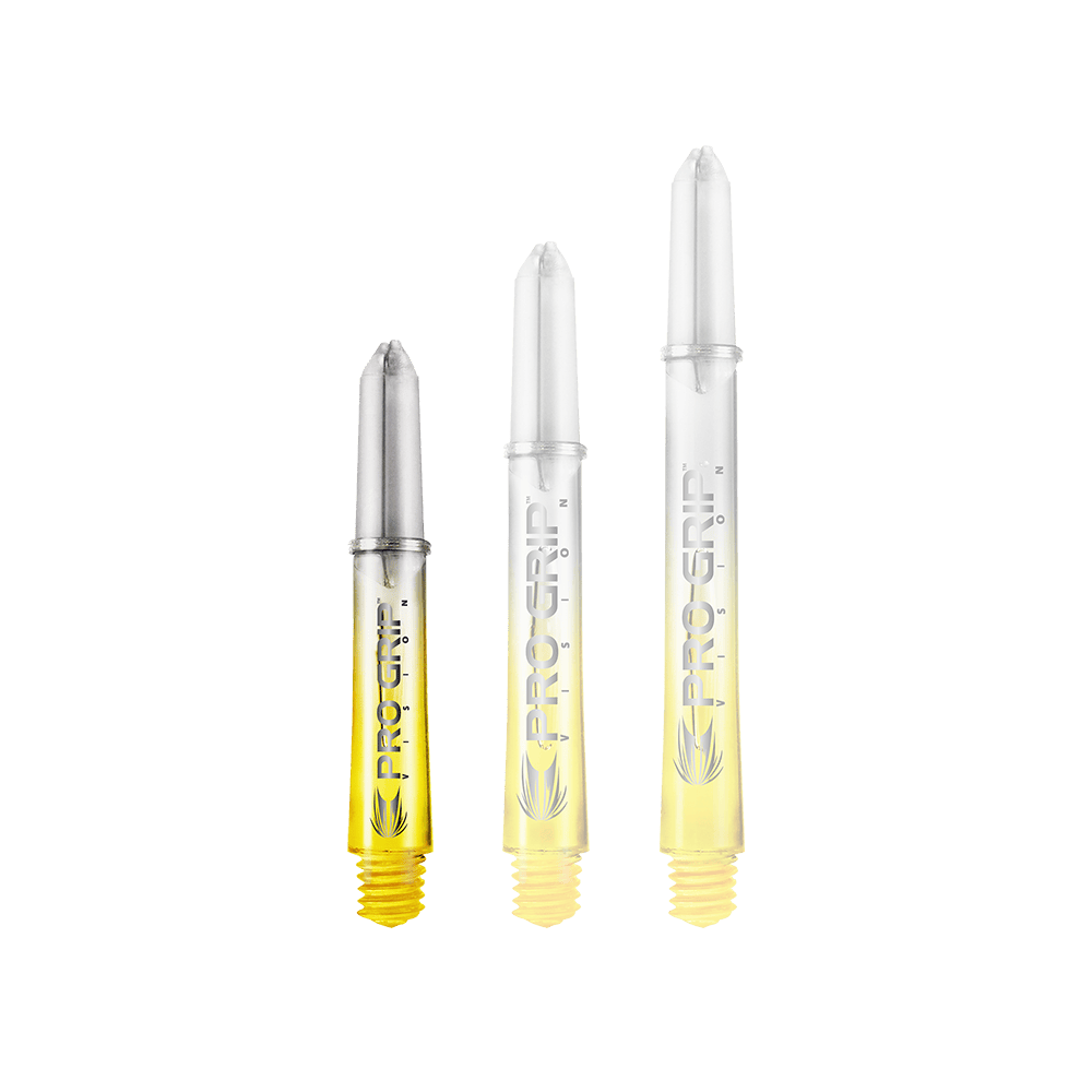 Target Pro Grip Vision Shafts - 3 sets - Geel Auf dem Bild sind drei durchsichtige Dartschäfte mit gelbem Ende abgebildet. Auf den Schäften steht "PRO GRIP VISION" und sie sind unterschiedlich lang.