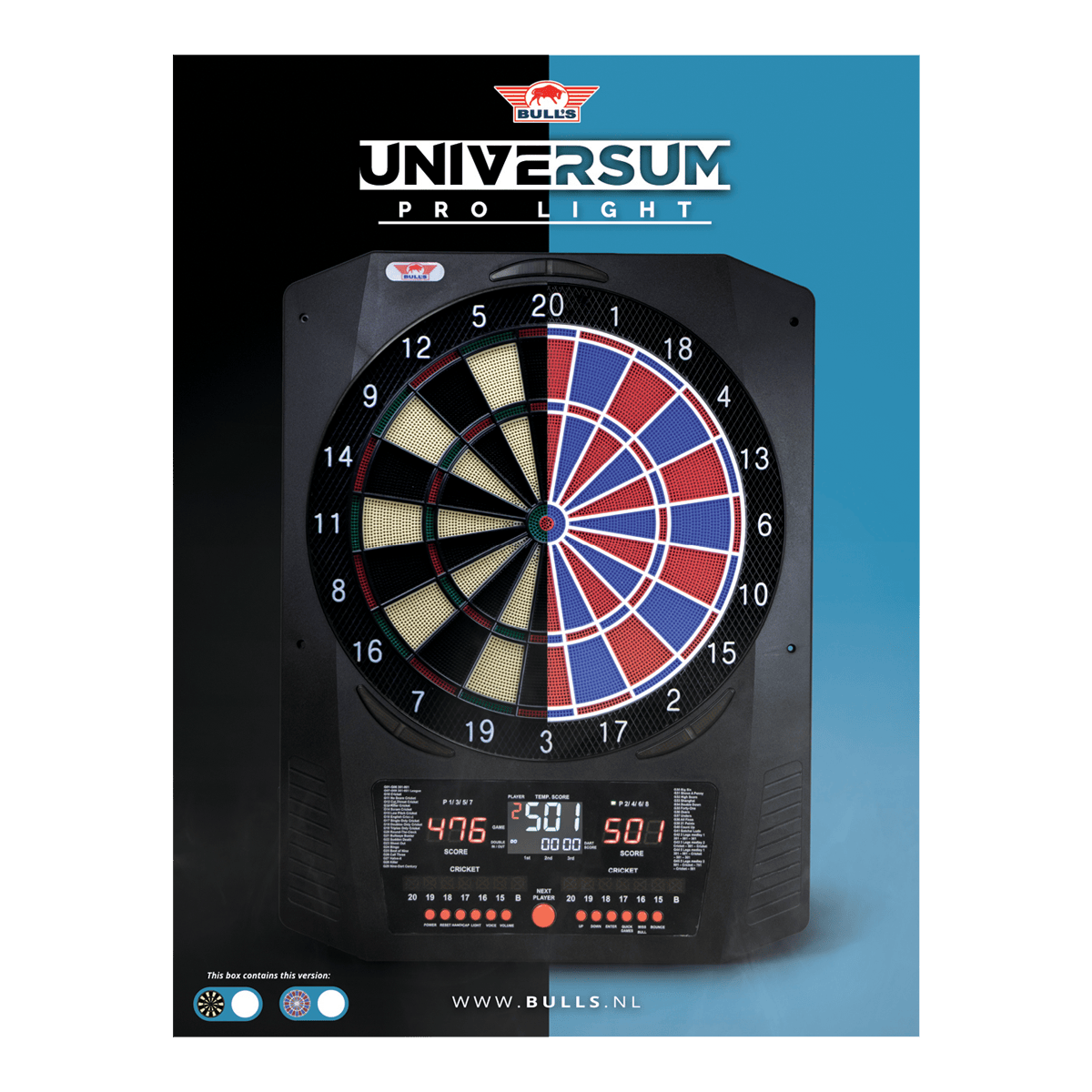 Bulls NL Universum Pro Light Elektronisch Dartbord - Blauw Rood Hier sieht man das Bulls NL Universum Pro Light Elektronisches Dartboard in den Farben Blau und Rot. Dieses Dartboard bietet viele Spieloptionen.