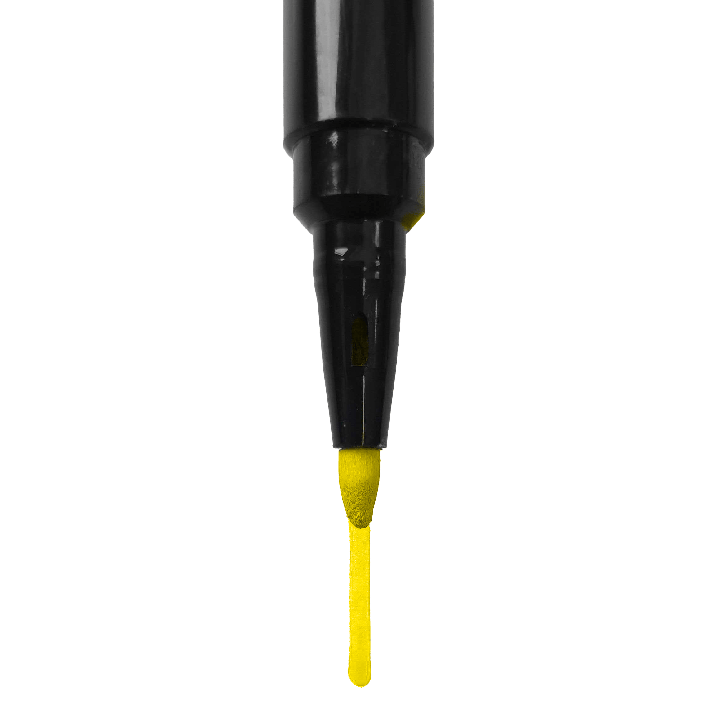 Bordmarker Das Bild zeigt die Spitze eines schwarzen Markers, der gelbe Tinte abgibt. Unter der Spitze ist ein gelber Strich zu sehen.
