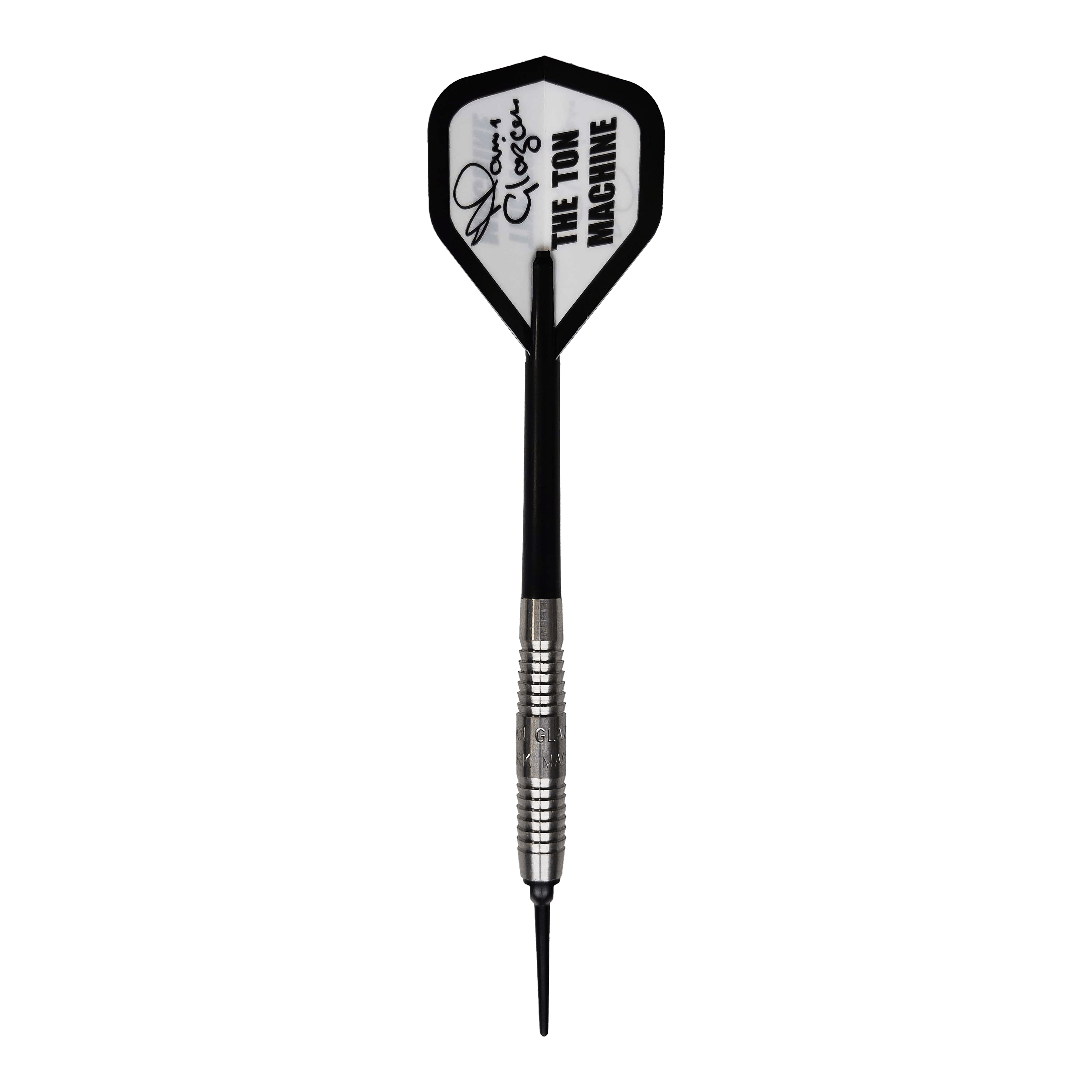 McKicks Alam Glazier Shark Machine Zachte Darts Auf dem Bild ist ein McKicks Alam Glazier Shark Machine Softdart zu sehen. Der Dartpfeil hat eine silberne Metallspitze und einen Flight mit der Aufschrift "THE TON MACHINE".