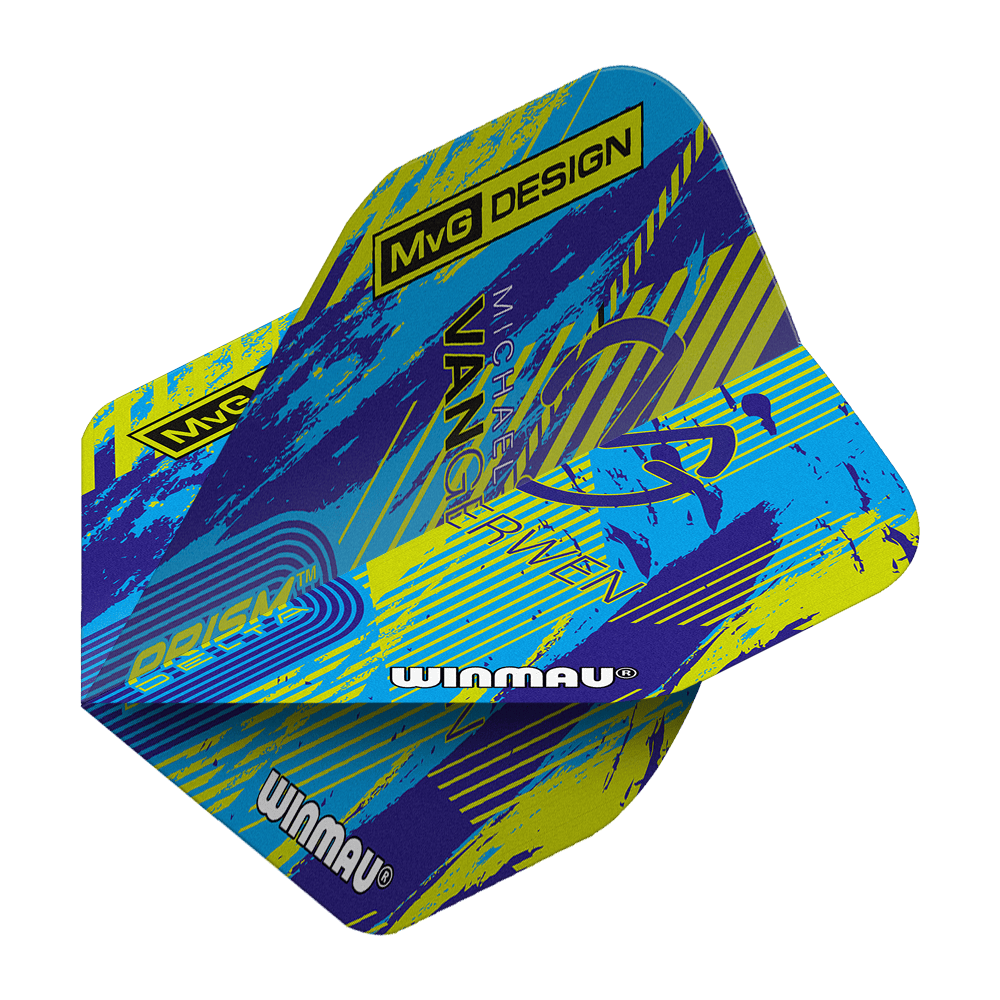 Winmau Delta Michael Van Gerwen Prism 04 standaardvluchten Das Bild zeigt die Winmau Delta Michael Van Gerwen Prism 04 Standard Flights. Das Design ist bunt mit blauen, gelben und violetten Akzenten sowie dem Schriftzug „MvG DESIGN“ und „Winmau“.