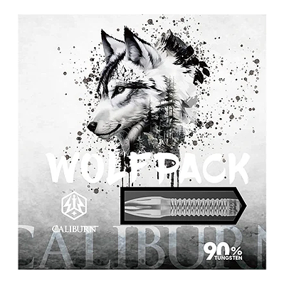 Caliburn Wolfpack W4 stalen dartpijlen - 20g Das Bild zeigt die Verpackung der Caliburn Wolfpack W4 Steeldarts mit einem Wolf-Design. Auf der Verpackung steht, dass die Darts 20g wiegen und aus 90% Tungsten bestehen.