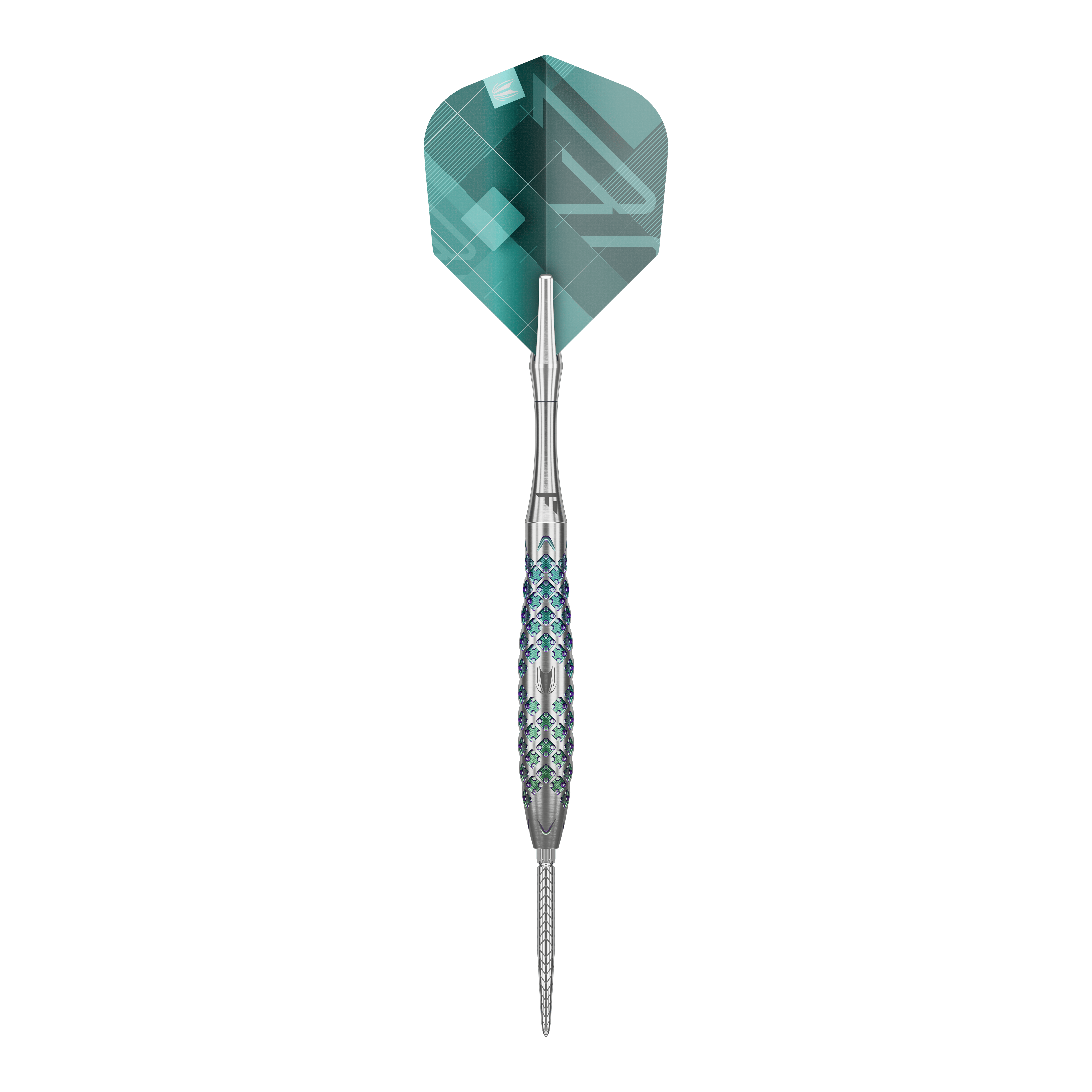 Target Rove 02 Swiss Point stalen dartpijlen Das Bild zeigt einen Target Rove 02 Swiss Point Steeldart. Der Dartpfeil hat ein silbernes, strukturiertes Barrel und eine grün-blaue Flight.