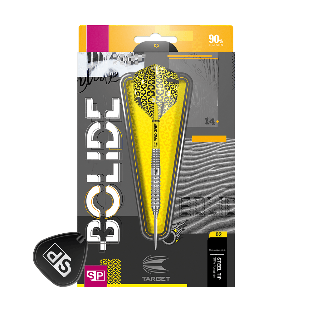 190054_Target_Bolide_02_Swiss_Point_Steeldarts_3PvzZ2TaUlqrtp Das Bild zeigt das Produkt "Target Bolide 02 Swiss Point Steeldarts" in einer auffälligen gelb-schwarzen Verpackung. Auf der Verpackung sind Informationen wie 90% Tungsten und die Produktdetails gut sichtbar.