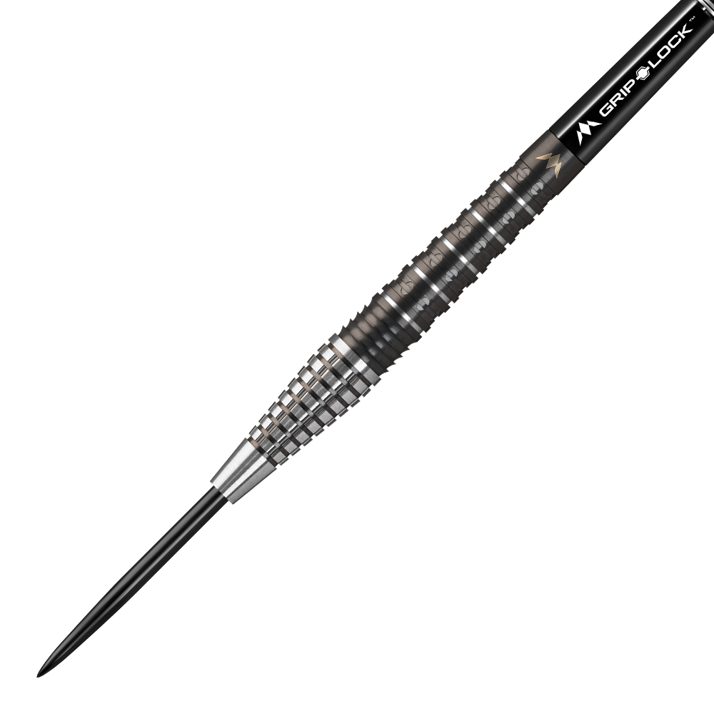 Mission Makara M2 stalen darts - 23g Das Bild zeigt den "Mission Makara M2 Steeldart" mit einem Gewicht von 23 Gramm. Der Dartpfeil hat eine schwarze Spitze und einen geriffelten, silber-schwarzen Griffbereich.
