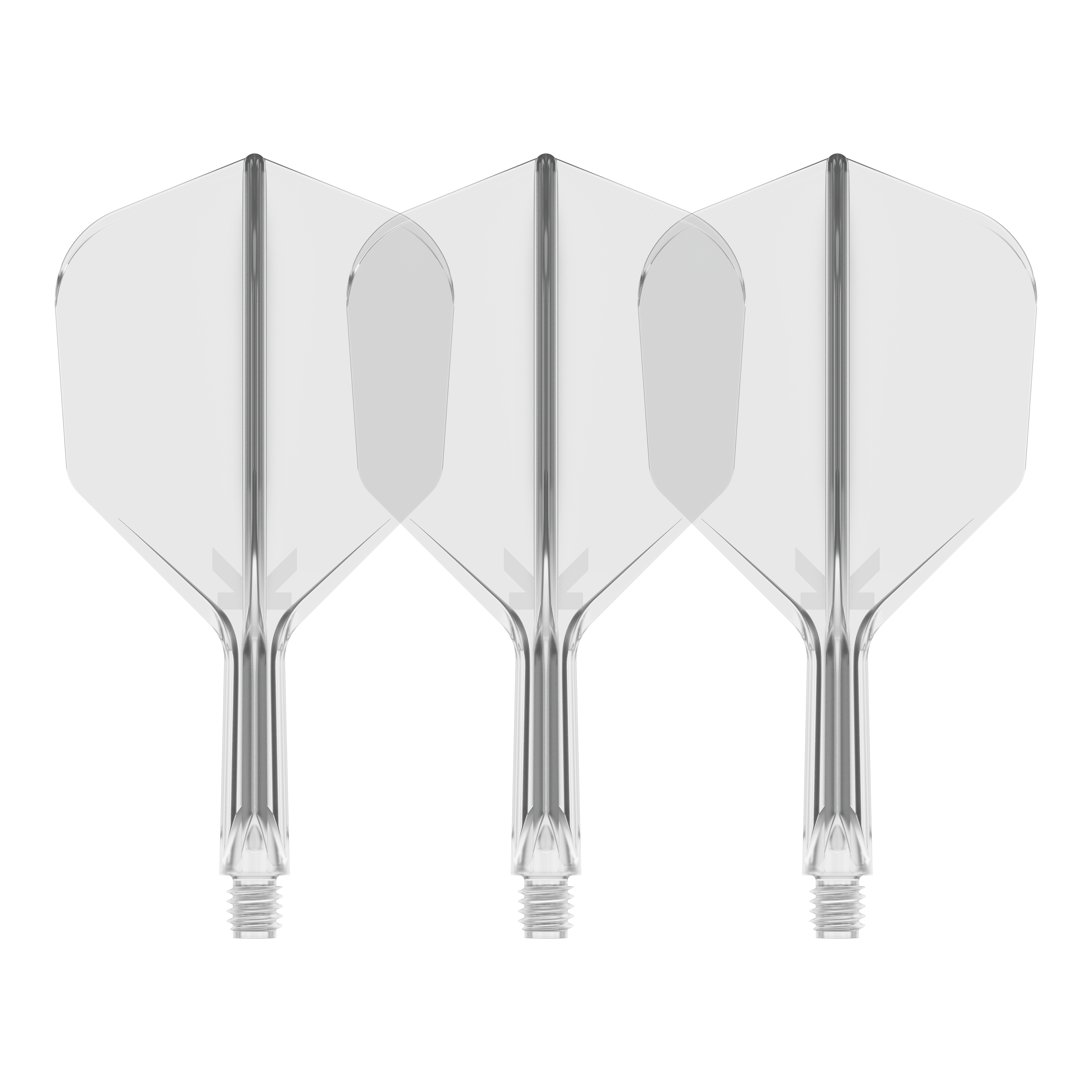 Target K-Flex No6 Vluchtsysteem - Helder Auf dem Bild sind drei durchsichtige Dartflights mit integriertem Schaft zu sehen. Sie stehen nebeneinander vor schwarzem Hintergrund.