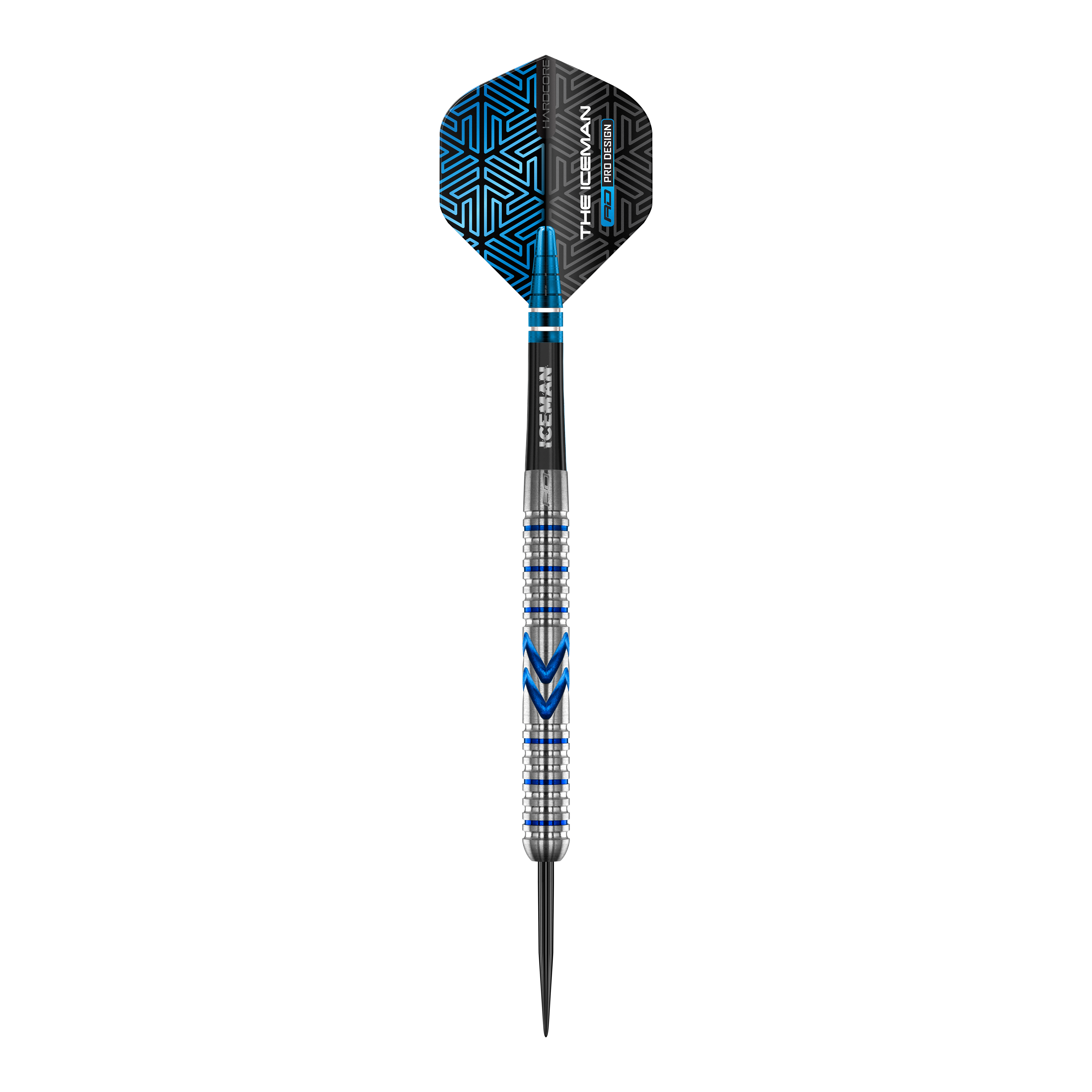 Red Dragon Gerwyn Price Iceman Midnight Edition stalen darts Das Bild zeigt einen Steeldart aus der Serie "Red Dragon Gerwyn Price Iceman Midnight Edition". Der Dart hat ein silbernes und blaues Design mit schwarzen Akzenten auf dem Flight.