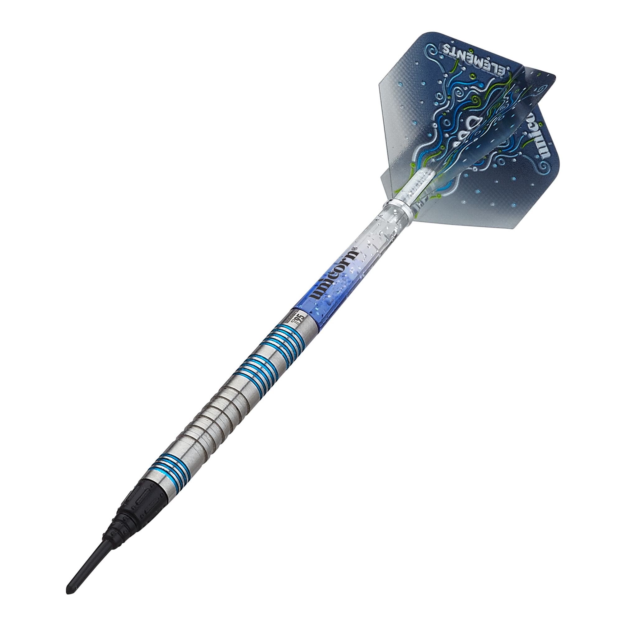 Unicorn T95 Core XL Blauwe zachte darts Das Bild zeigt einen Unicorn T95 Core XL Blue Softdart. Der Dartpfeil hat ein silber-blaues Design mit auffälligen blauen Akzenten und einer verzierten Flights.