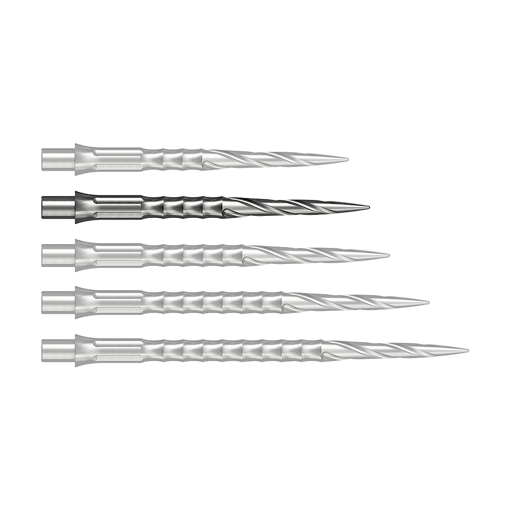 Caliburn System stalen dartpunten - Spiro - NoLip - zilver Vermutlich wird eine silberne Steeldartspitze mit 30 mm Länge abgebildet. Sie stammt aus dem Caliburn Evo System und ist vom Typ Spiro NoLip.