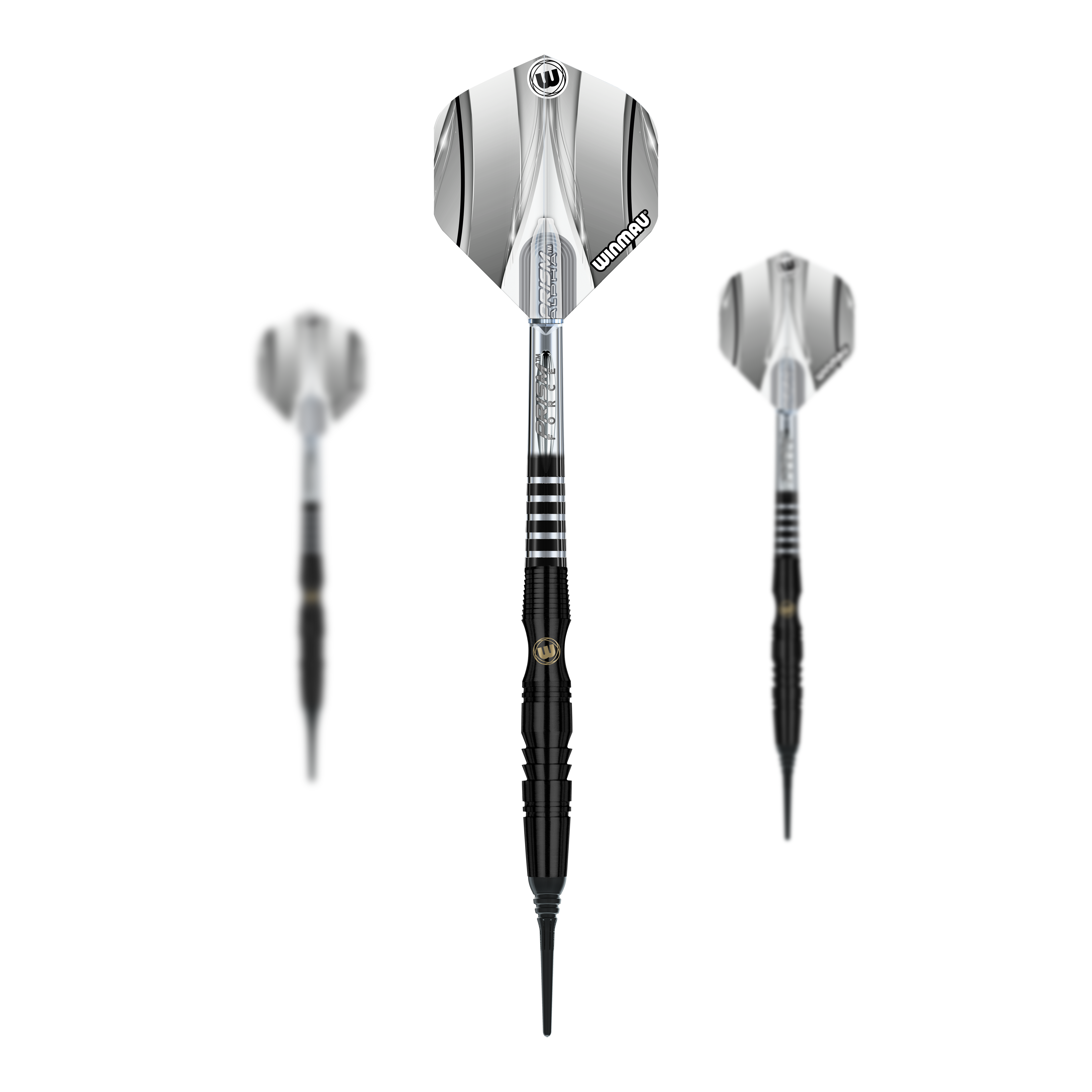 Winmau Sniper Black zachte dartpijlen - 20g Das Bild zeigt drei Winmau Sniper Black Softdarts mit einem Gewicht von 20g. Die Darts haben schwarze Spitzen und silber-schwarze Flights.