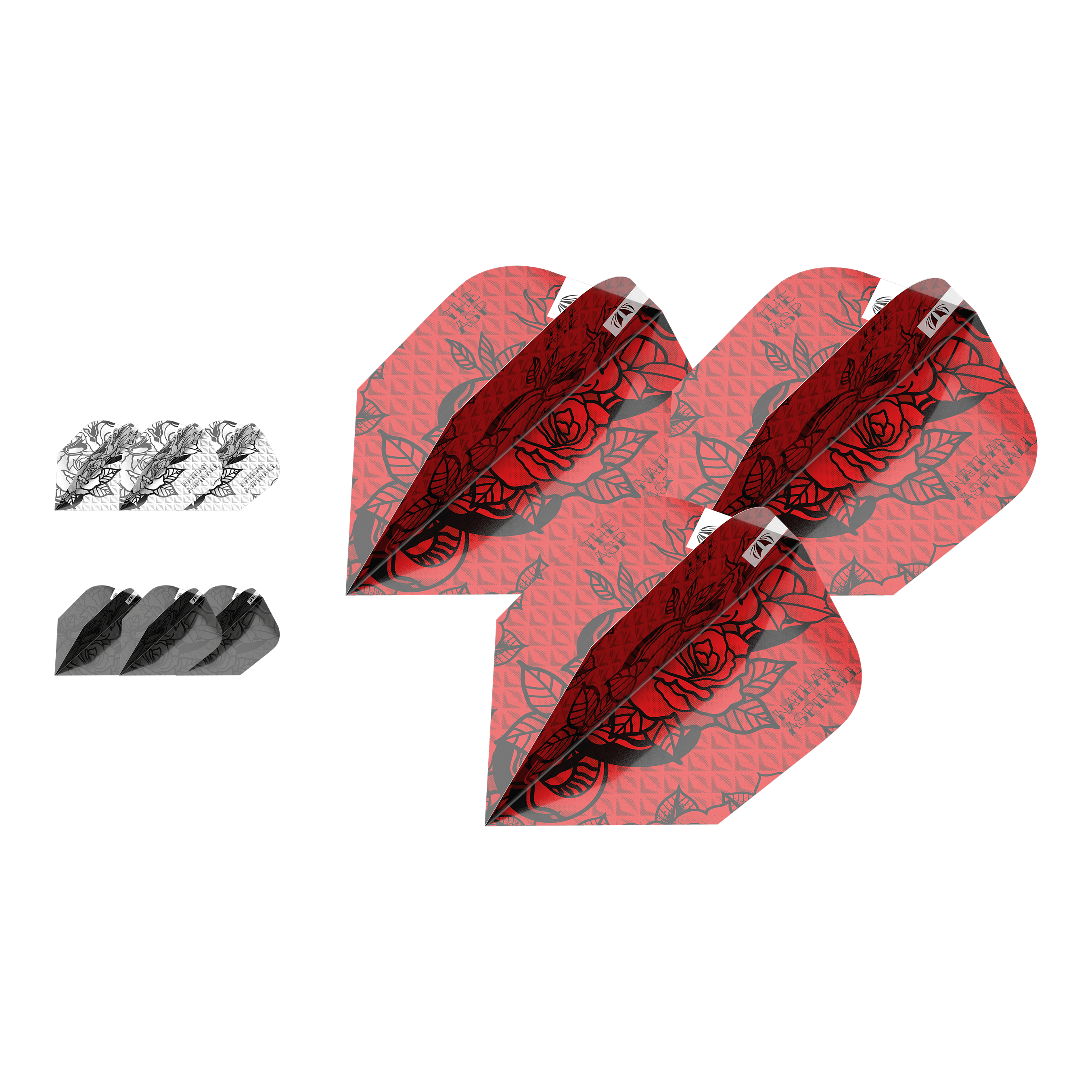 Target Inktbundel 3 sets Nathan Aspinall Ten-X Flights Das Bild zeigt drei Sets von Dart-Flights im Produkt "Target Ink Bundle 3 Sets Nathan Aspinall Ten-X Flights". Die Flights sind in den Farben Rot, Schwarz und Weiß mit einem Rosenmuster gestaltet.
