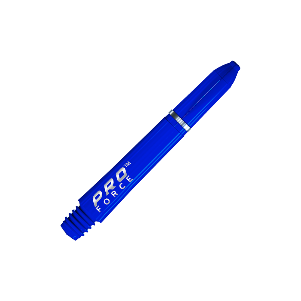 Das Bild zeigt einen blauen Winmau Pro-Force Shafts. Auf der Seite steht in weißer Schrift "PRO FORCE".