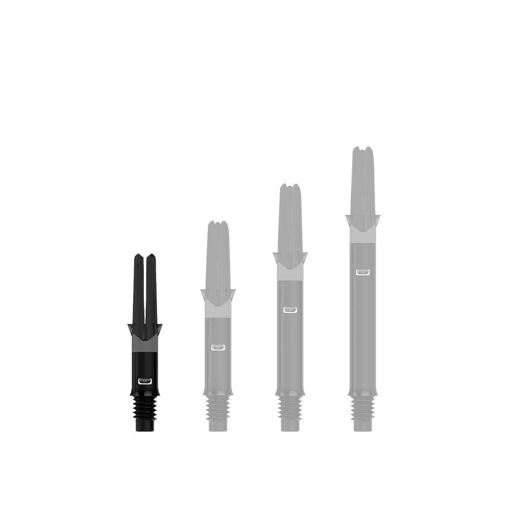 L-L-Style-Shafts Silent Straight - Zwart Zu sehen ist ein einzelner, schwarzer Dartshaft ohne Kappen in gerader Ausführung. Die Datei heißt L-Style_L-Shafts_Silent_Straight_Schwarz_OhneKappen_26mm_1.