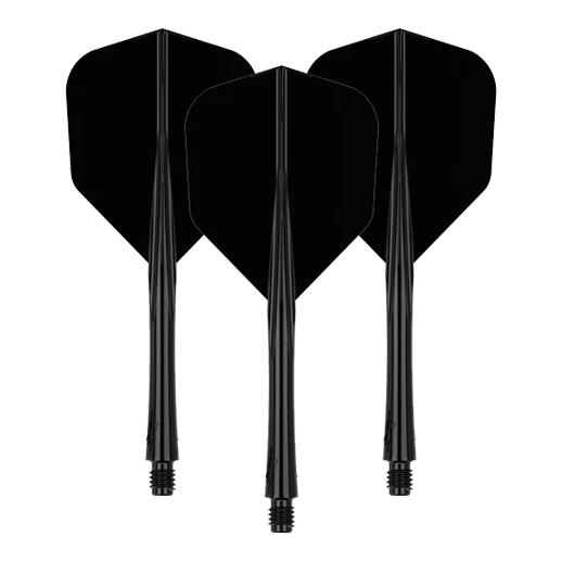 Caliburn SUP Lite No6 vluchtschachtsysteem Das Bild zeigt drei schwarze Dart-Flights mit Schäften. Sie sind in einer aufrechten Position nebeneinander angeordnet.
