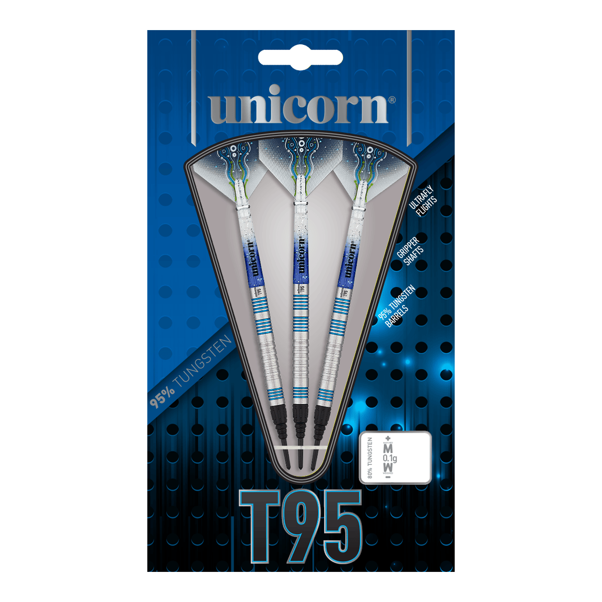 Unicorn T95 Core XL Blauwe zachte darts Das Bild zeigt die Verpackung der "Unicorn T95 Core XL Blue Softdarts". In der Packung sind drei silber-blaue Softdarts mit 95% Tungsten-Anteil zu sehen.