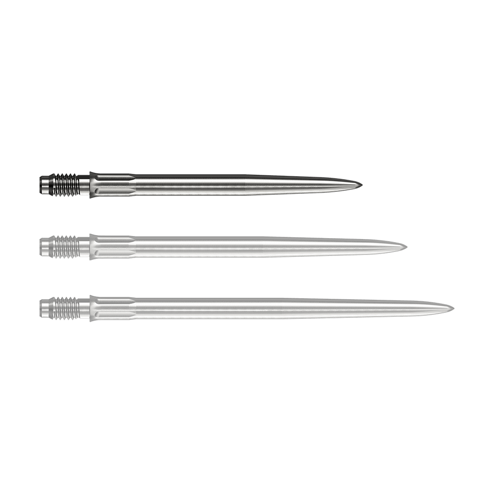 Mission R2.5 Rapid Point SM1 Dartpunten - Zilver Eine silberne Dartspitze liegt vor weißem Hintergrund. Die Spitze ist eine Mission R25 Rapid Point SM1 mit einer Länge von 30mm.