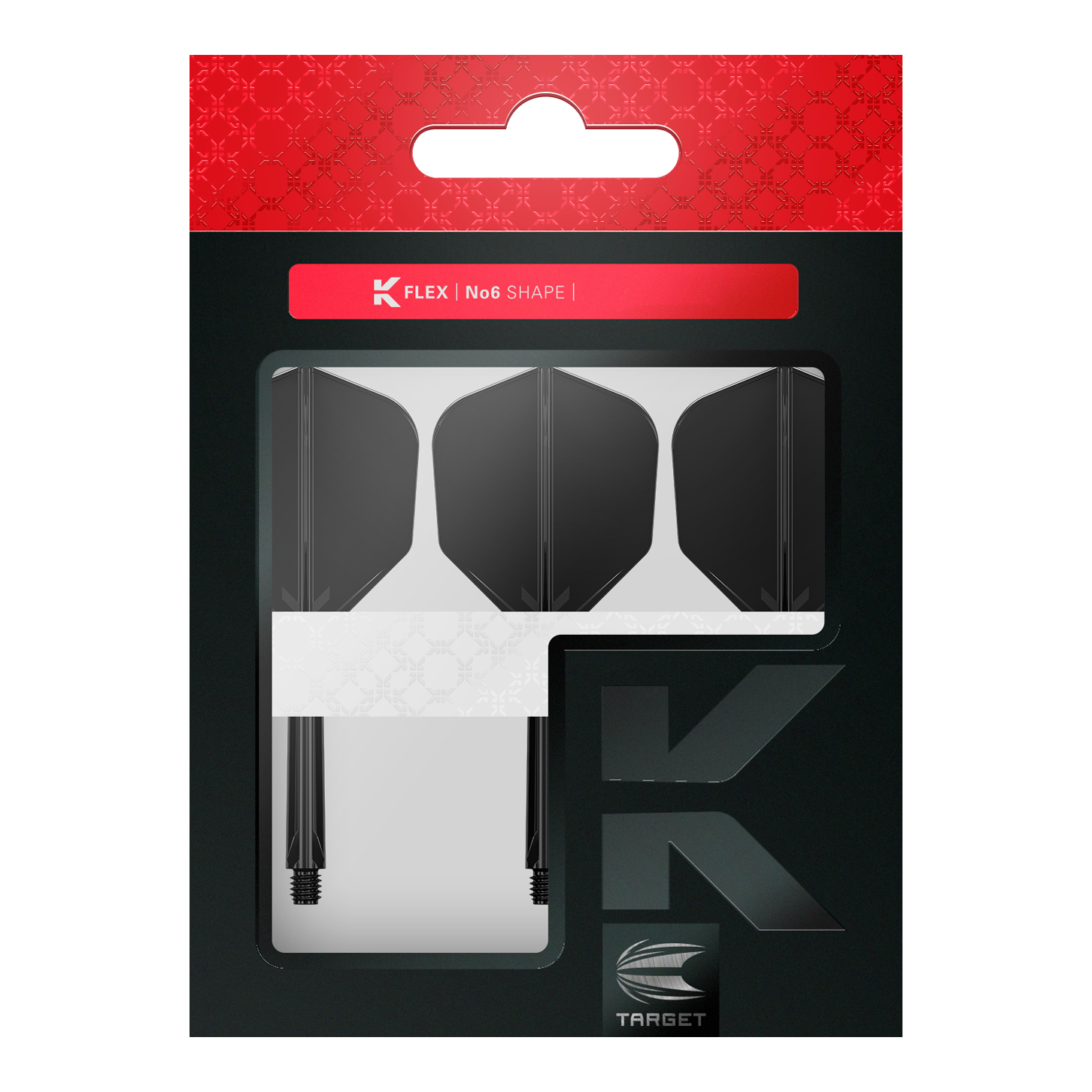 Target K-Flex No6 Vluchtsysteem - Zwart Das Bild zeigt eine Verpackung mit drei schwarzen Dartflights und Schäften. Die Marke „TARGET“ und die Produktbezeichnung „K FLEX No6 SHAPE“ sind auf der Packung zu sehen.