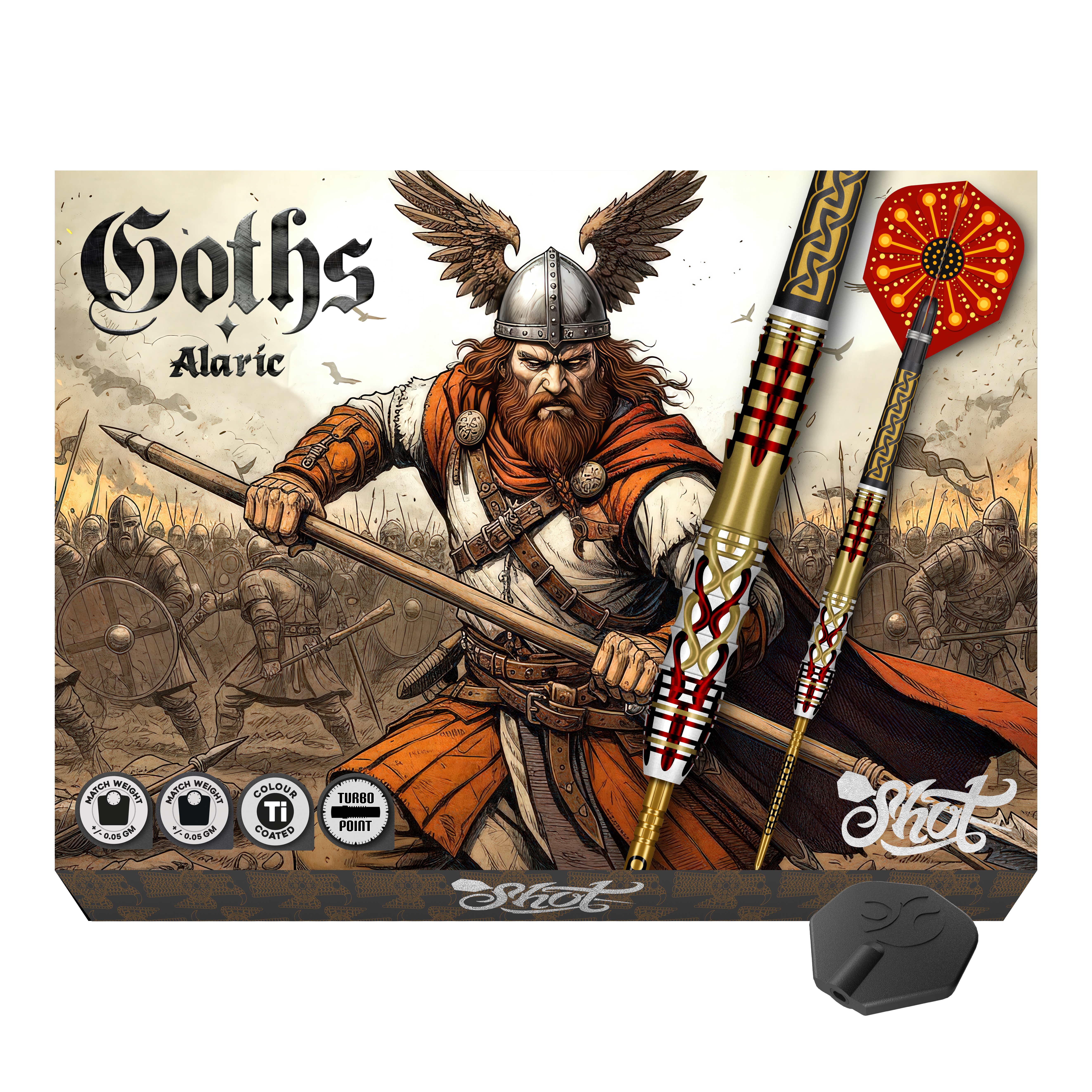 Shot Goths Alaric Turbo Point stalen dartpijlen - 23 g Hier sieht man die Shot Goths Alaric Turbo Point Steeldarts - 23g. Sie sind ideal für Präzision und Kontrolle.