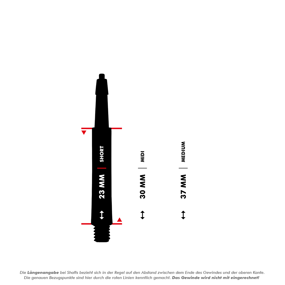 HRC12619_Harrows_Clic_Standard_Shafts_5_23mm Das Bild zeigt die Harrows Clic Standard Shafts in Schwarz in verschiedenen Längen. Die Abbildung vergleicht die Größen Short (23 mm), Midi (30 mm) und Medium (37 mm).
