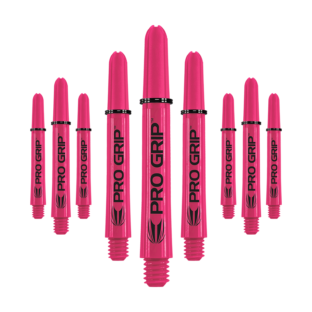 Target Pro Grip Shafts - 3 sets - Roze Das Bild zeigt neun pinke Dartshafts mit der Aufschrift "PRO GRIP". Die Shafts sind in drei Reihen angeordnet und heben sich deutlich vor dem weißen Hintergrund ab.