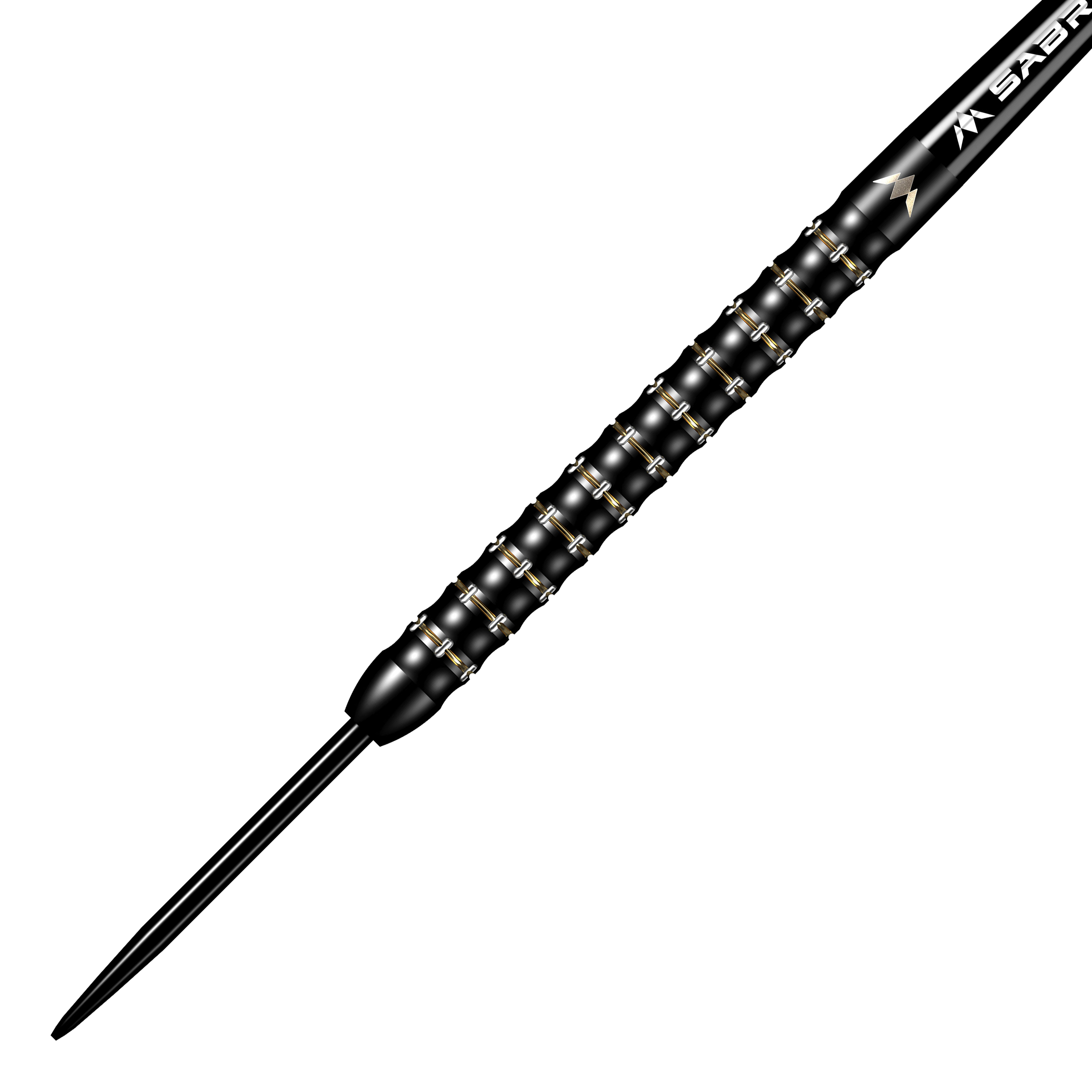 Mission Mike De Decker MDD Black Gold Steeldarts Das Bild zeigt den Mission Mike De Decker MDD Black Gold Steeldart. Der Dartpfeil ist überwiegend schwarz mit goldenen Akzenten und hat ein strukturiertes Griffdesign.