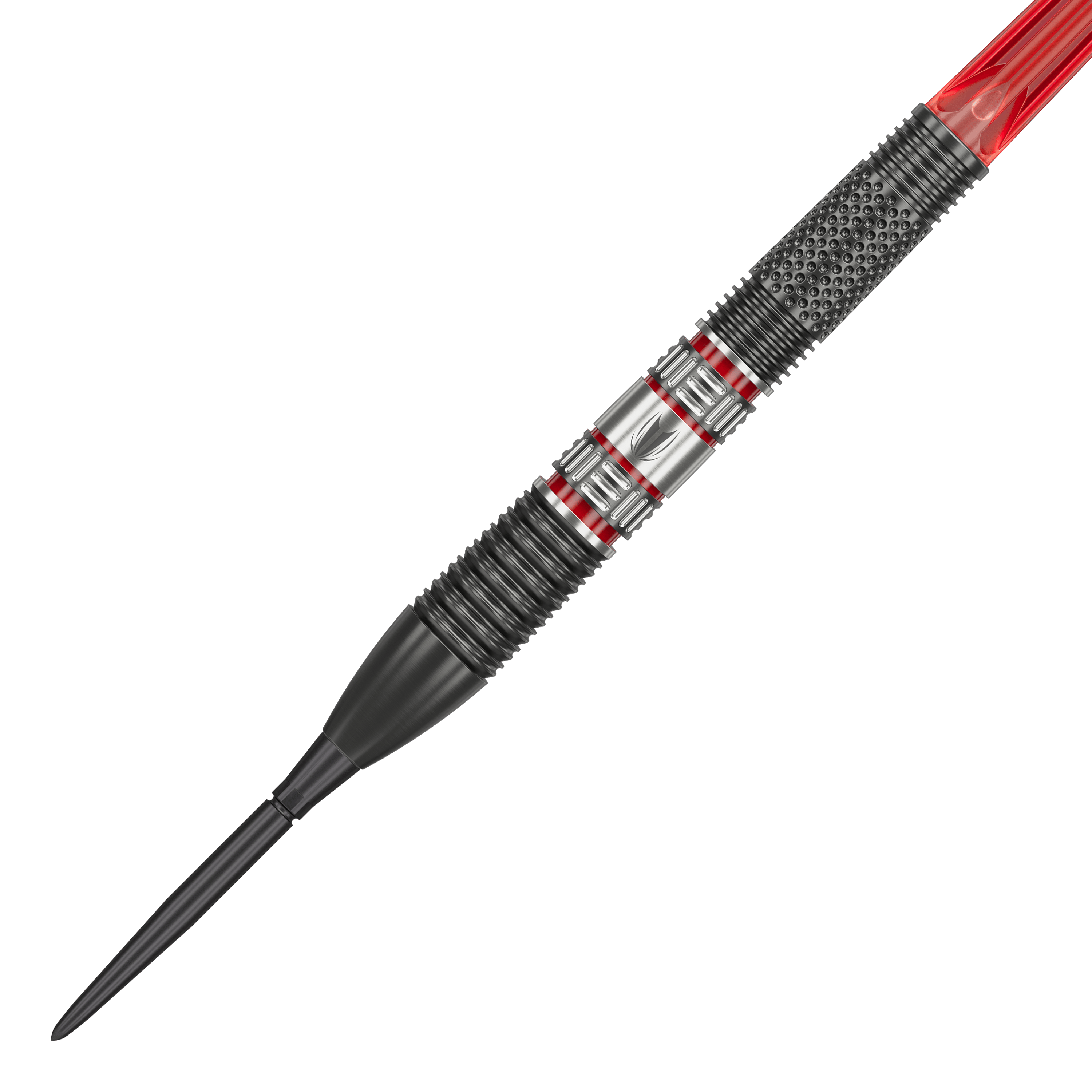 Target Gabriel Clemens 95K Swiss Point Steel Darts Das Bild zeigt einen Target Gabriel Clemens 95K Swiss Point Steeldart. Der Dart hat ein modernes Design mit schwarzen, silbernen und roten Akzenten.