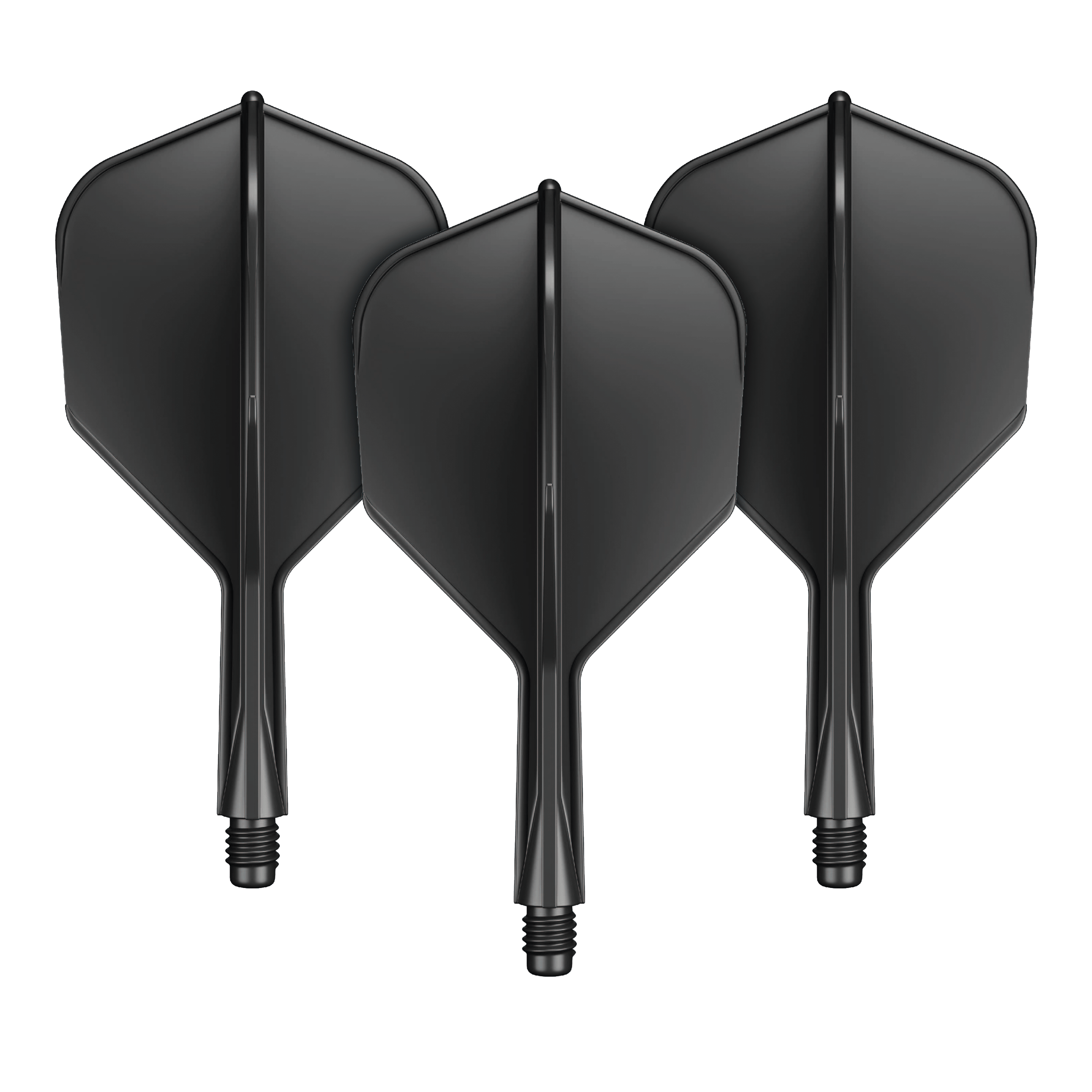 GOAT A1R No6 Flight Shaft-systeem - Zwart Das Bild zeigt drei schwarze Dart-Flights mit integriertem Shaft. Sie sind nebeneinander angeordnet und verfügen über einen kurzen Schaft mit Schraubgewinde.