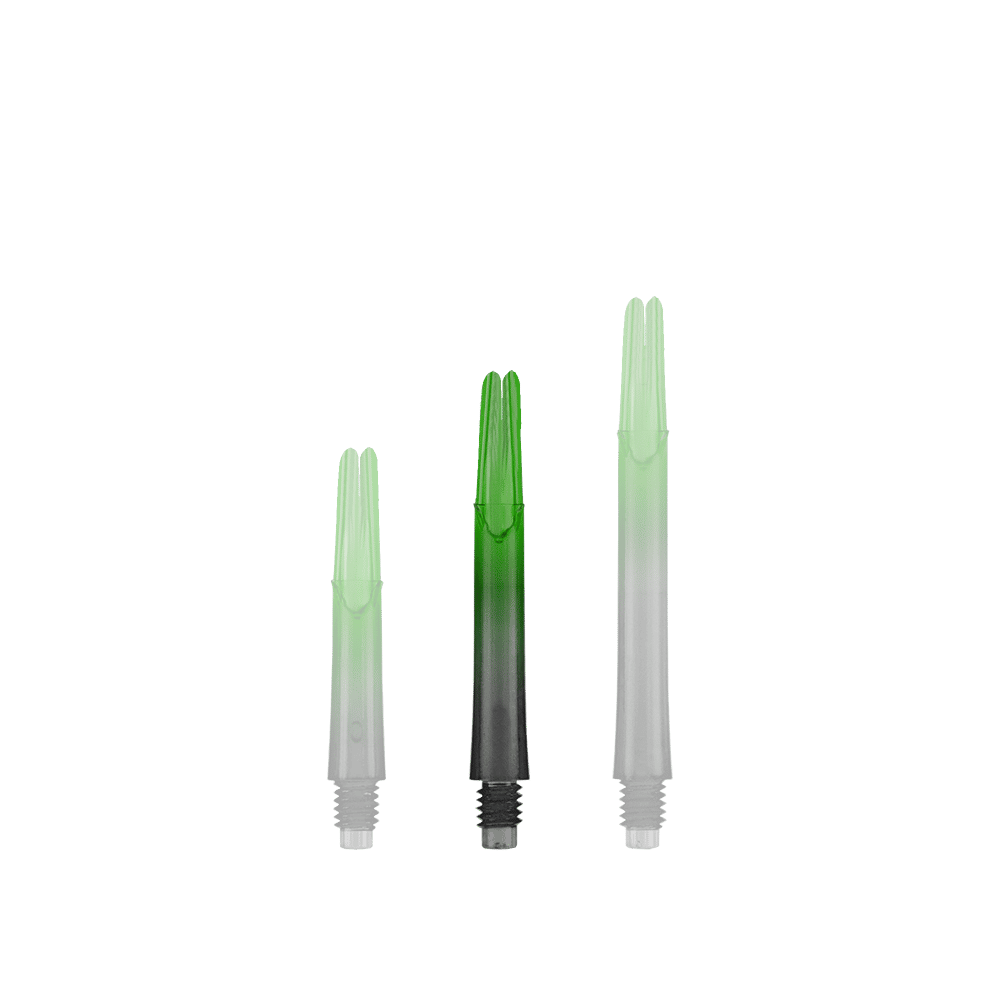 L-L-Style-Shaft Locked Straight Natural9 TwoTone Shafts - Grün Auf dem Bild sind drei grün-schwarze Dartschäfte in unterschiedlichen Längen zu sehen. Sie stehen aufrecht nebeneinander auf weißem Hintergrund.