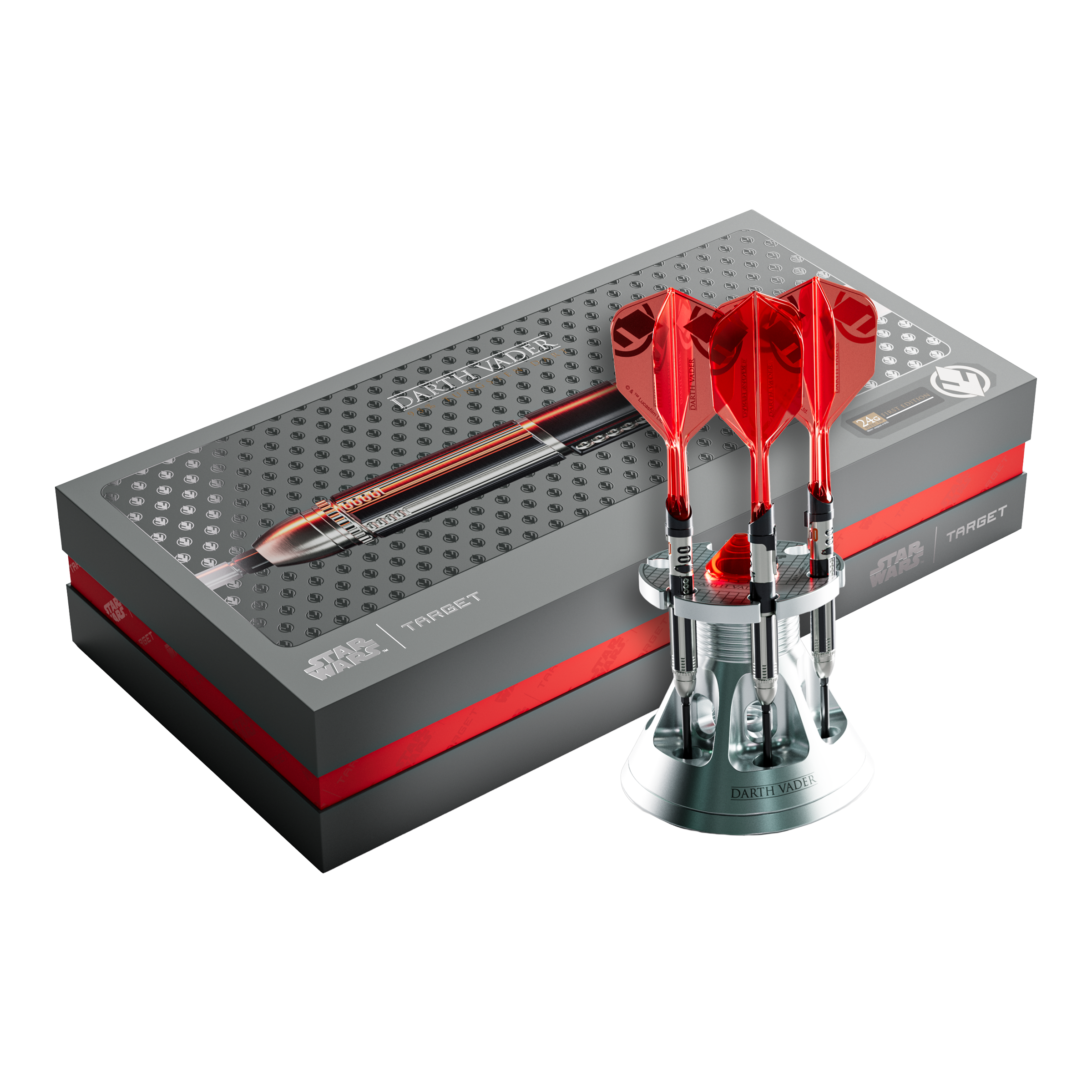 Das Foto stellt die Target Star Wars Darth Vader Light Saber Limited Edition Steeldarts - 24g dar. Die Dartpfeile sind von Darth Vader und seinem Lichtschwert inspiriert.