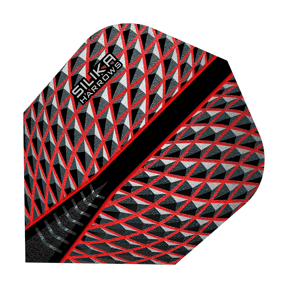 HR80_Harrows_Silika_Red_No6_Flights_1bnefdF3ncO2HY Das Bild zeigt das Produkt "Harrows Silika Red No6 Flights". Das Flight-Design ist überwiegend rot, schwarz und silber mit einem geometrischen Muster.