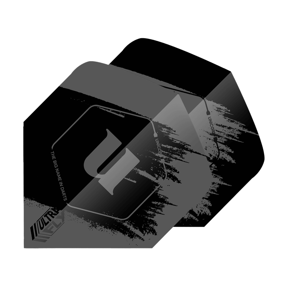 Unicorn Ultrafly 100 Team Unicorn Big Wing Vluchten - Grijs Das Bild zeigt das Produkt "Unicorn Ultrafly 100 Team Unicorn Big Wing Flights - Grau". Die Flights sind überwiegend grau und schwarz mit einem modernen, abstrakten Design und dem Unicorn-Logo.