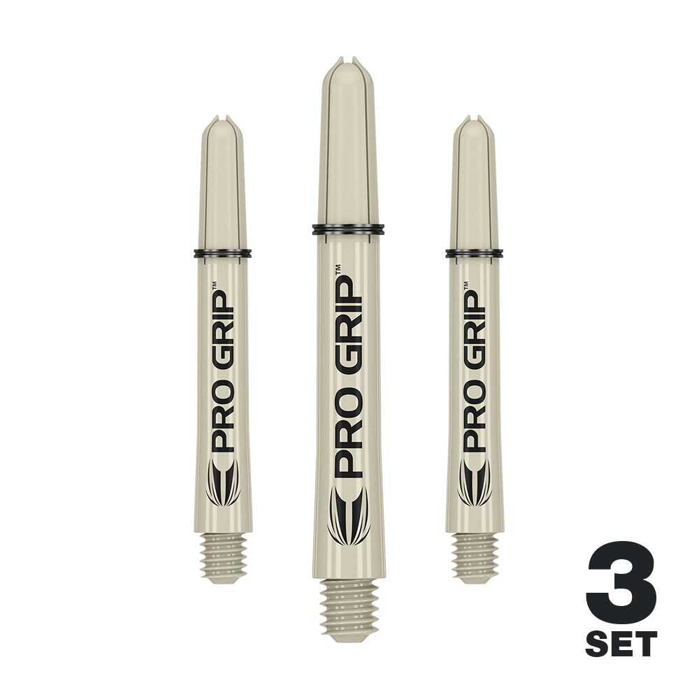 Target Pro Grip Shafts - 3 sets - Zand Das Bild zeigt drei beige Dartschäfte mit der Aufschrift "PRO GRIP". In der rechten unteren Ecke steht "3 SET".