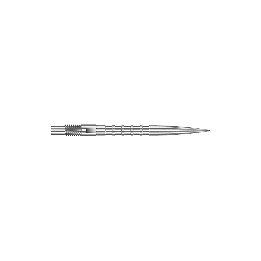 Harrows Quick Point Heavy Metal Dart Tips - Zilver Das Bild zeigt Harrows Quick Point Heavy Metal Grip Dartspitzen in Silber mit einer Länge von 26mm. Die Aufnahme präsentiert das zweite Stück der Serie.