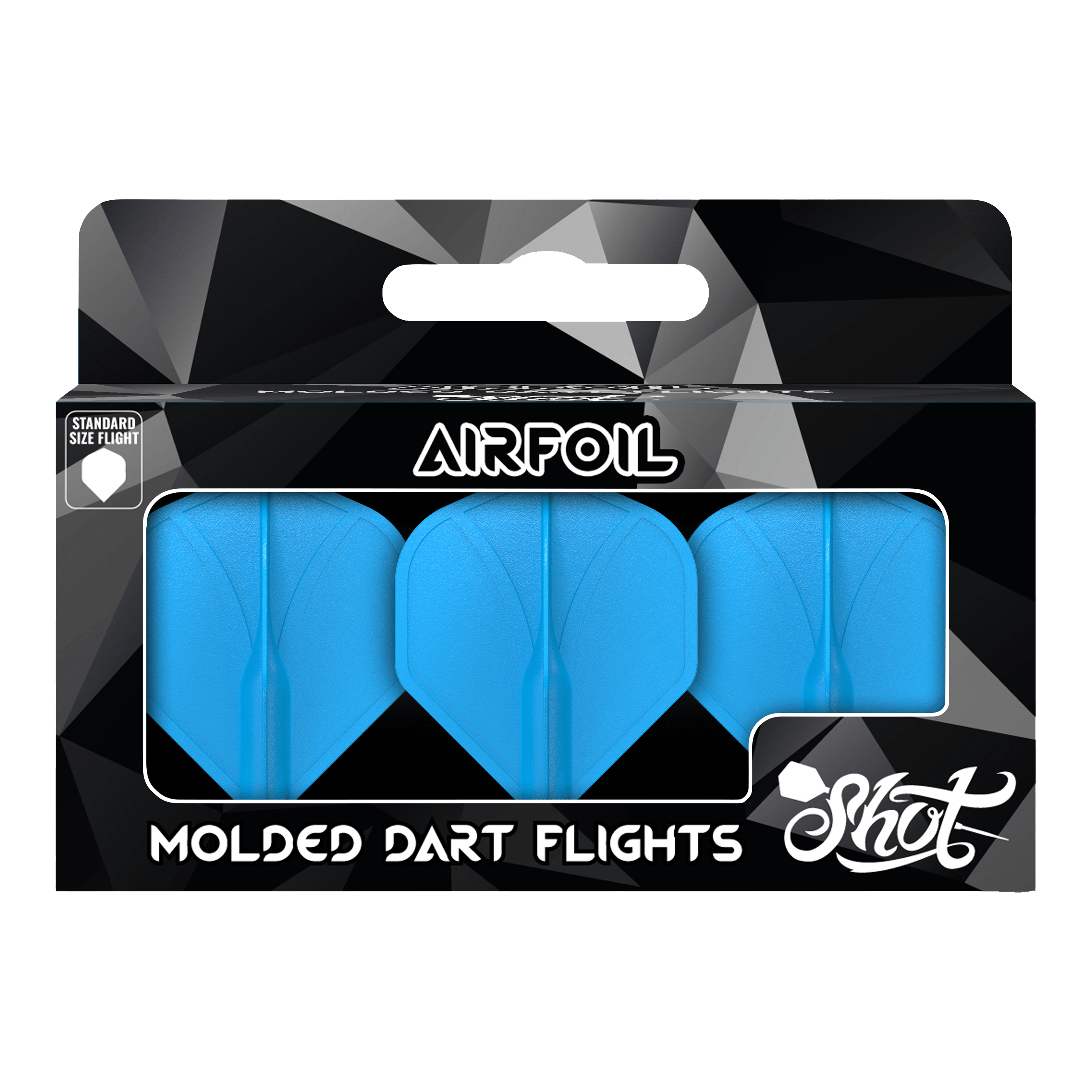 Shot Airfoil Molded No2 Standaard Vluchten Das Bild zeigt eine Packung mit drei blauen, geformten Dart-Flights der Marke Shot. Auf der Verpackung steht "Airfoil" und "Molded Dart Flights".