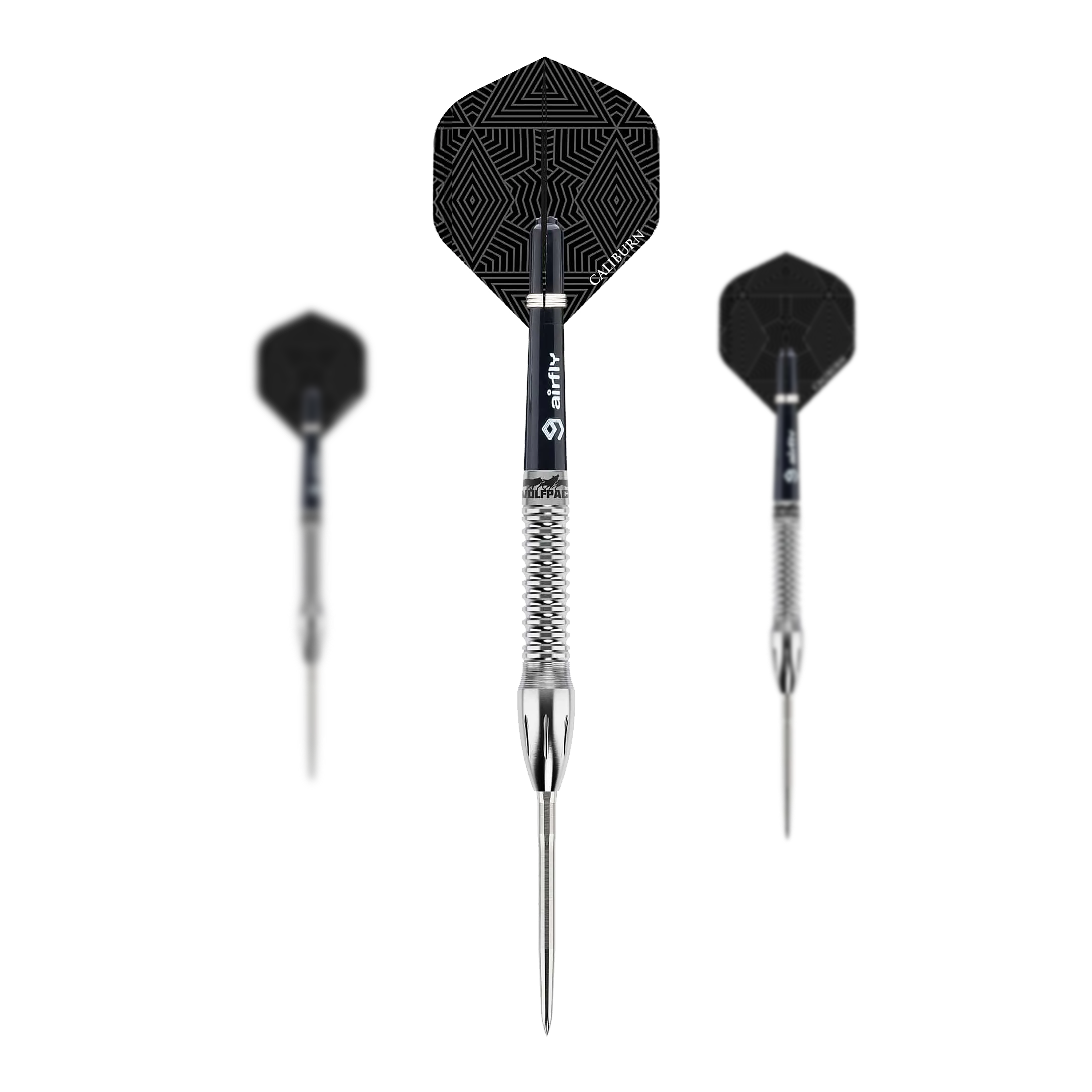 Caliburn Wolfpack W4 stalen dartpijlen - 20g Das Bild zeigt drei Steeldarts des Produkts „Caliburn Wolfpack W4 Steeldarts - 20g“. Die Darts haben silberne Spitzen und Schäfte sowie schwarze Flights mit geometrischem Muster.